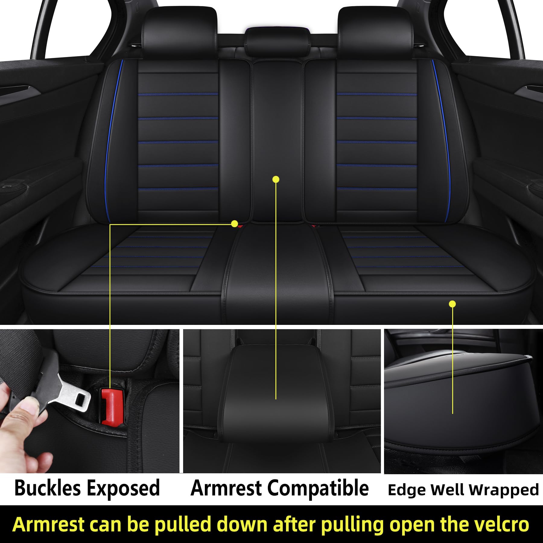 Premium Universal Leather Car Seat Covers - Waterproof Faux Leatherette Cushion Protectors for Cars, SUVs & Trucks (Black & Blue Full Set) | Auto Interior Accessories for Comfort & Style | Perfect for Daily Commutes, Road Trips & Family Travel
