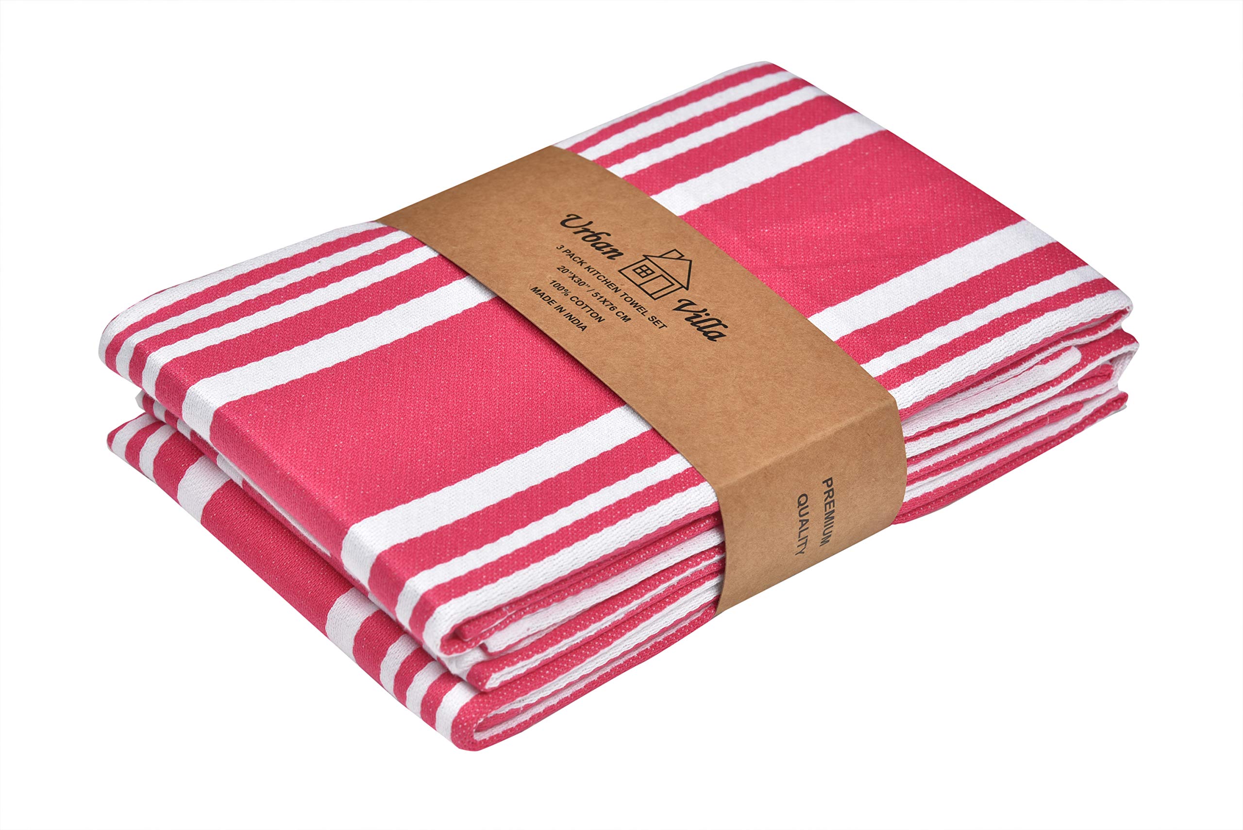 Premium Cotton Kitchen Towels Set of 3 - Super Absorbent 20x30 Inch Oversized Dish Towels with Mitered Corners (Pink/White) | Perfect for Drying Dishes, Cleaning Countertops & Hand Drying | Eco-Friendly Home & Restaurant Use