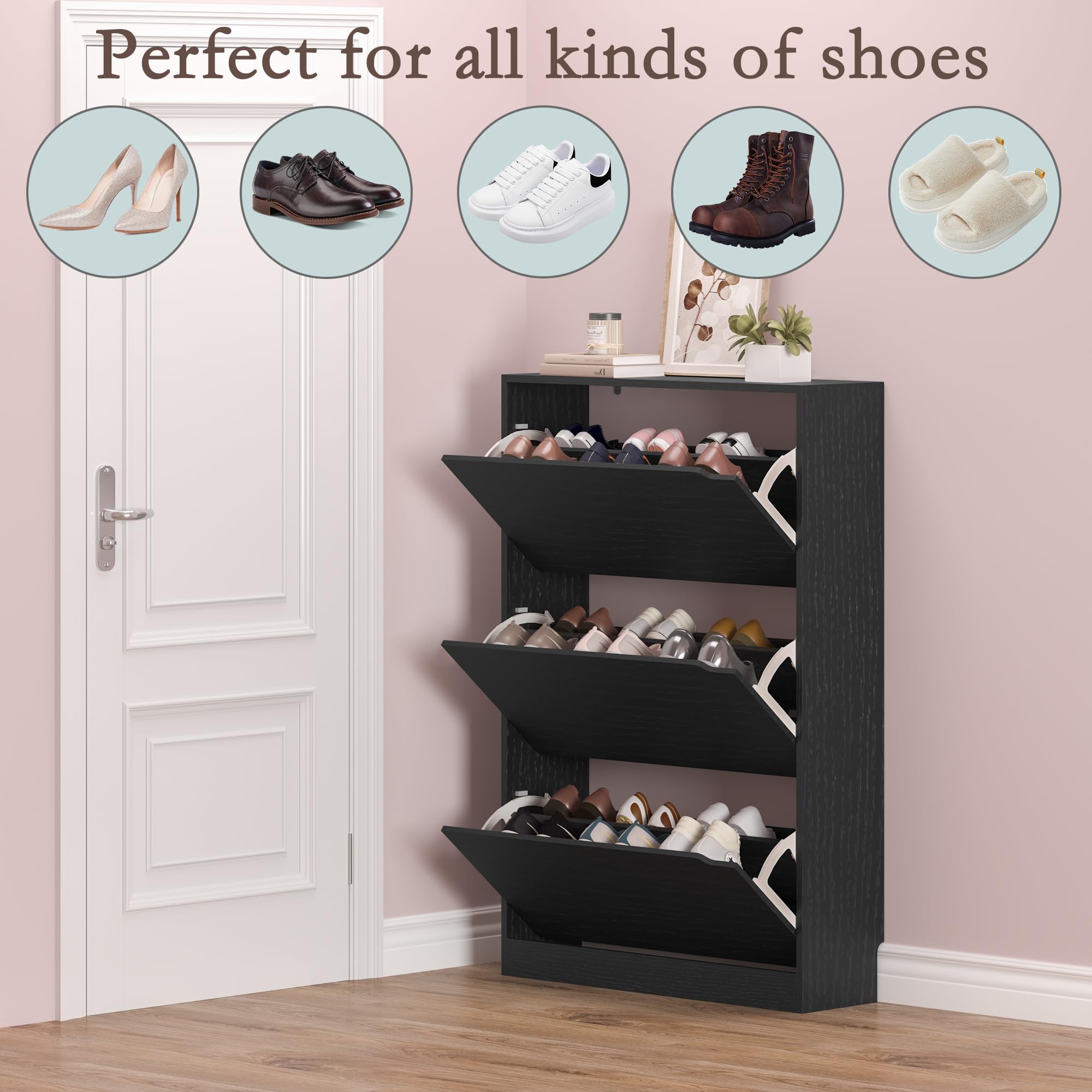 3-Tier Flip Drawer Shoe Storage Cabinet - Narrow Freestanding Shoe Rack Organizer for Entryway, Hallway, Closet - Space Saving Black Shoe Shelf for Small Spaces, Apartments & Dorm Rooms