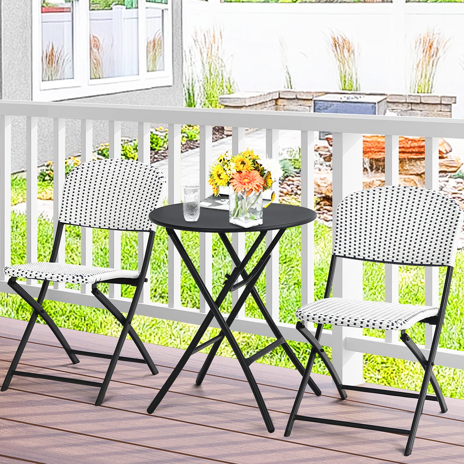 Giantex 3-Piece Patio Dining Set - Folding Bistro Table with 2 Rattan Chairs, Metal Frame Indoor/Outdoor Furniture for Garden, Balcony, Porch, Yard, Lawn & Poolside (White & Black) - Perfect for Outdoor Entertaining, Relaxing & Dining Al Fresco