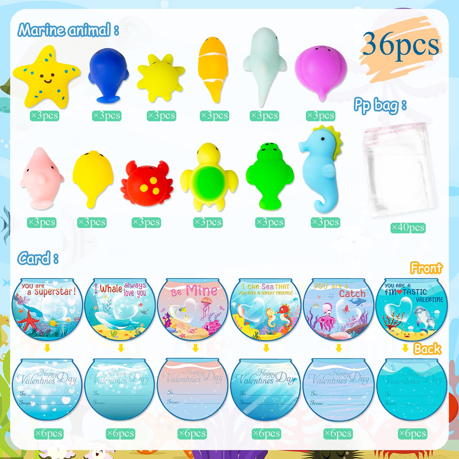 Valentine's Day Cards Gift Set with 36Pcs Sea Animal Mochi Squishy Toys for Kids - Classroom Exchange, Party Favors, School Activities & Toddler Valentine Gifts