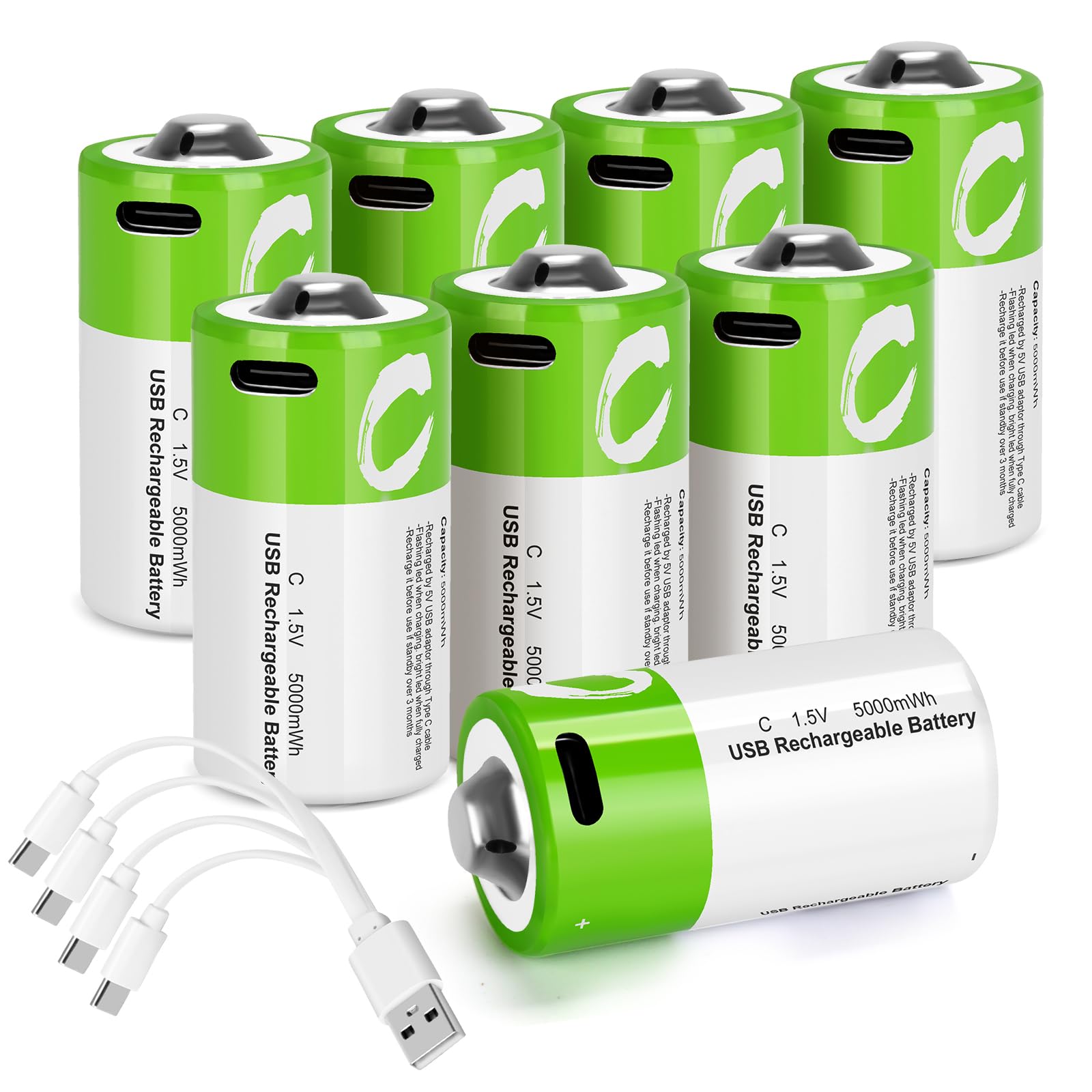 8 Pack Rechargeable C Batteries with Charger - 1.5V LR14 Lithium C Cell Batteries 5000mWh - Long Lasting Power for Flashlights, Toys, Radios, Remote Controls & Emergency Kits - Perfect for Camping, Home Use and Power Outages