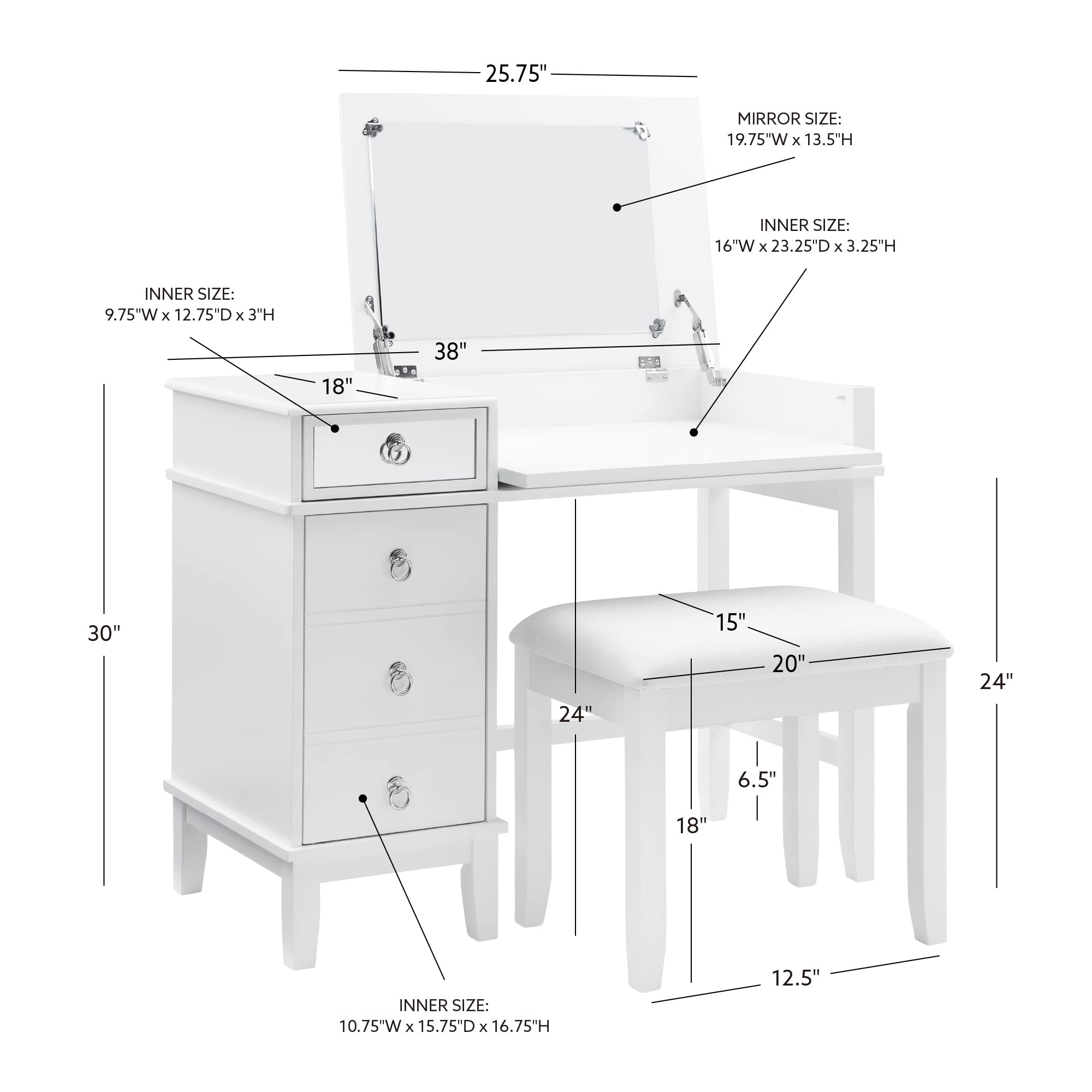 Linon White Vanity Set with Mirror & Stool - Elegant Dressing Table for Bedroom, Bathroom & Makeup Area
