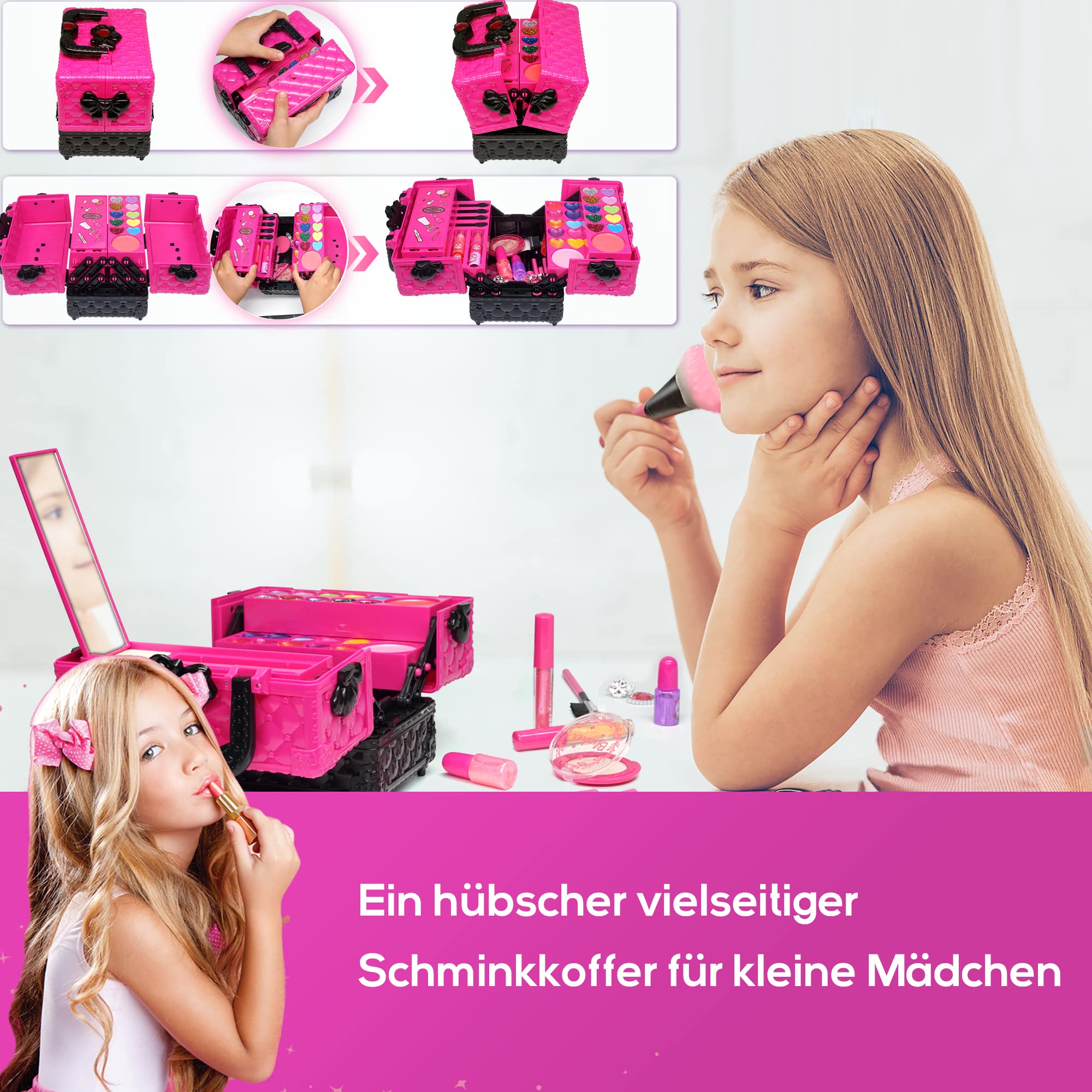 Amerrly 52-Piece Washable Makeup Set for Girls - Non-Toxic Kids Makeup Kit with Travel Case - Perfect Birthday Gift for Girls Ages 4-12 - Pretend Play, Dress-Up & Party Makeup for Kids