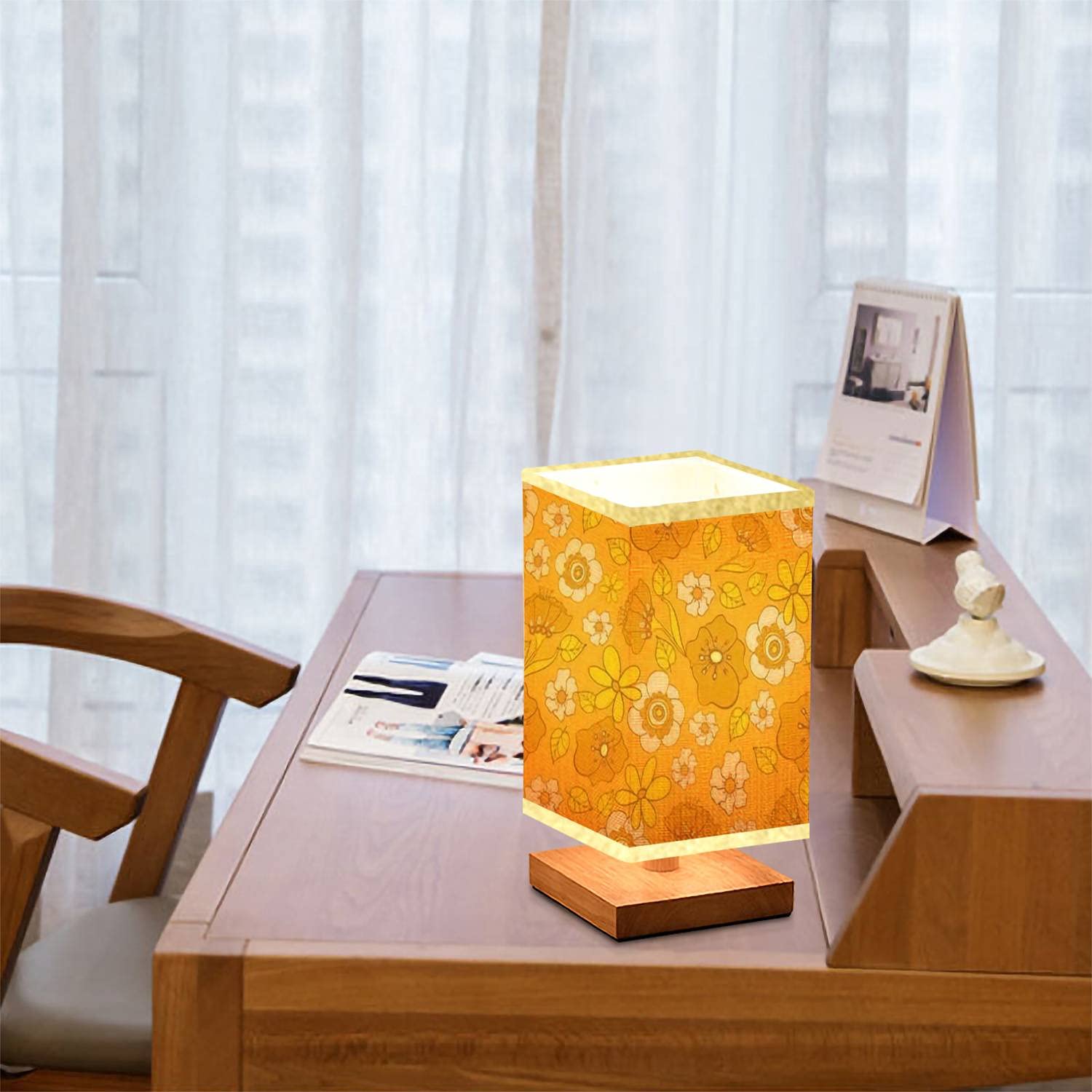 Vintage 70s Style Square Bedside Table Lamp with Wooden Base & Flaxen Fabric Shade - Dimmable Flower Pattern Desk Lamp for Bedroom & Living Room (5.5x10 Inches) - Perfect for Reading, Relaxing & Creating Cozy Atmosphere