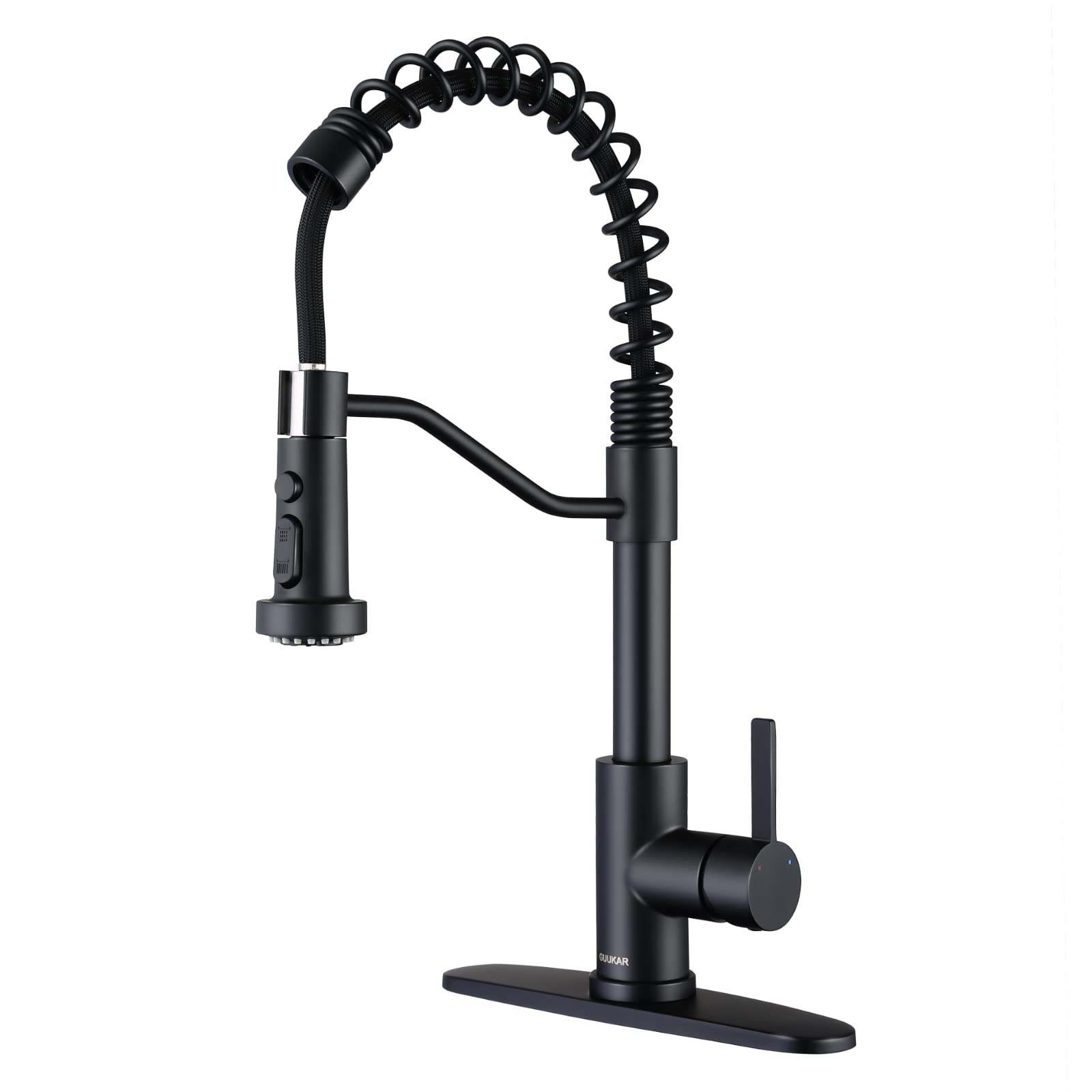 GUUKAR Matte Black Kitchen Faucet with Pull Down Sprayer, Stainless Steel Single Handle Modern Sink Faucet with Deck Plate for Home, Restaurant, and Office Kitchens