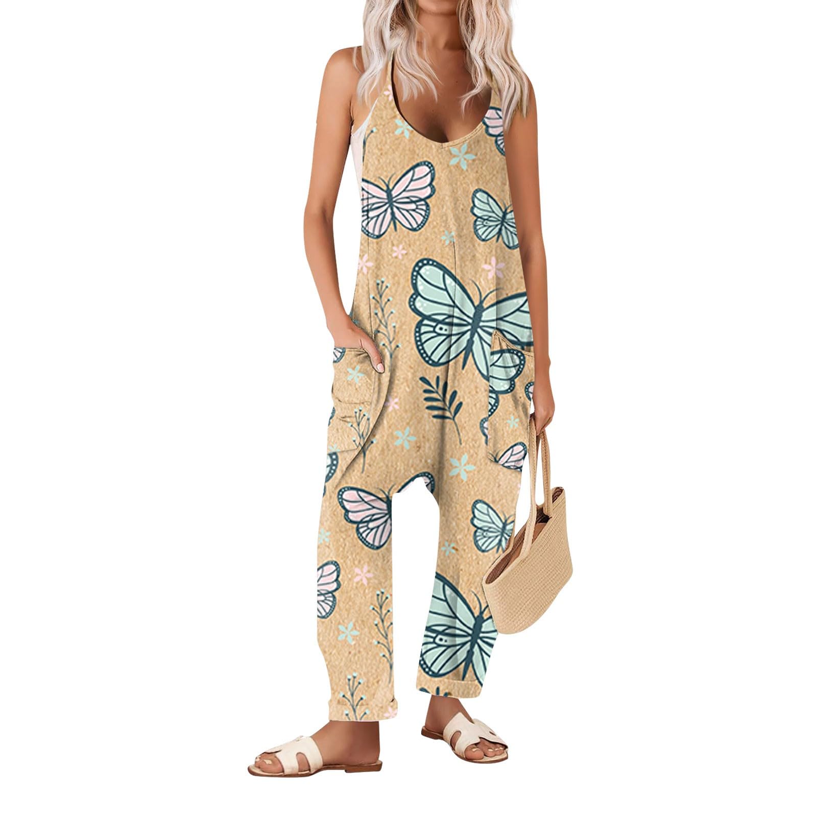 2024 Women's Casual Wide Leg Sleeveless Jumpsuit - Retro Print Long Pant Romper with Pockets | Perfect for Summer Outings, Beach Vacations & Boho Fashion