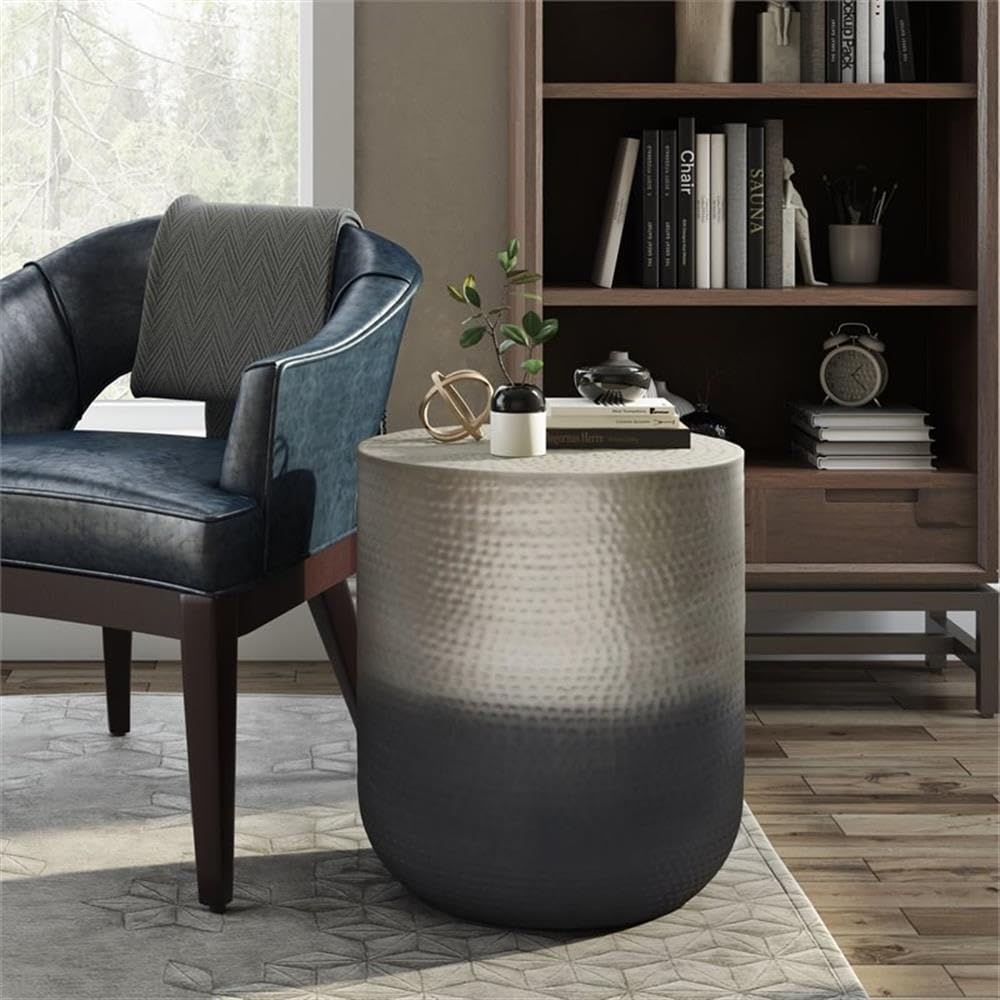 Small Boho End Table for Living Room | Round Accent Bedside Table for Small Spaces | Narrow Metal Nightstand | Rustic Circle Telephone Table | Antique Silver & Black Gradient Ombre | Perfect for Apartments, Dorms & Cozy Home Decor