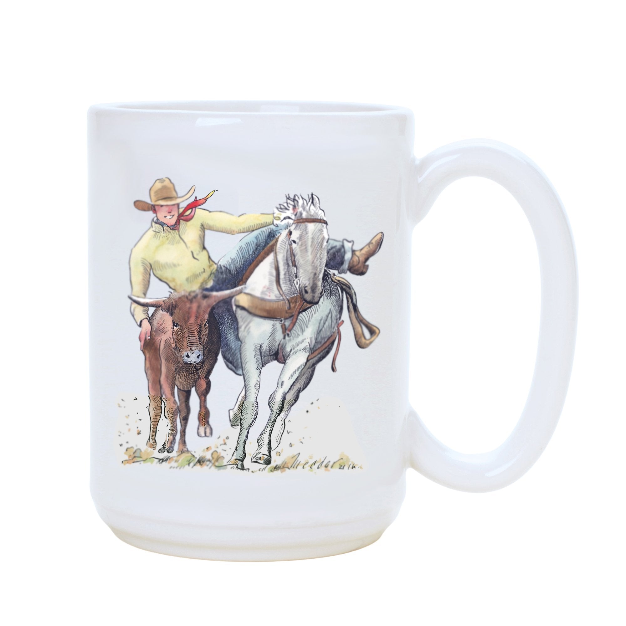 15 oz Rodeo Steer Wrestling Coffee Mug - Perfect for Cowboy Enthusiasts & Western Decor