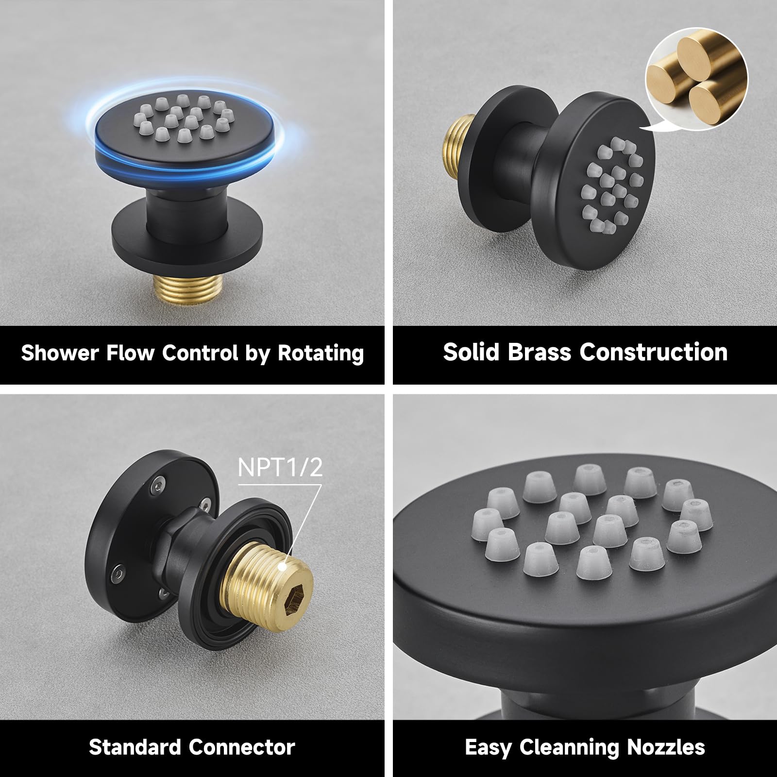 4PCS Matte Black Brass Shower Body Spray Jets with On/Off Flow Control - Round Spa Massage Wall Mounted Side Jets for Relaxing Bath & Shower Experience - Perfect for Home Spa, Bathroom Upgrade & Luxury Shower Systems