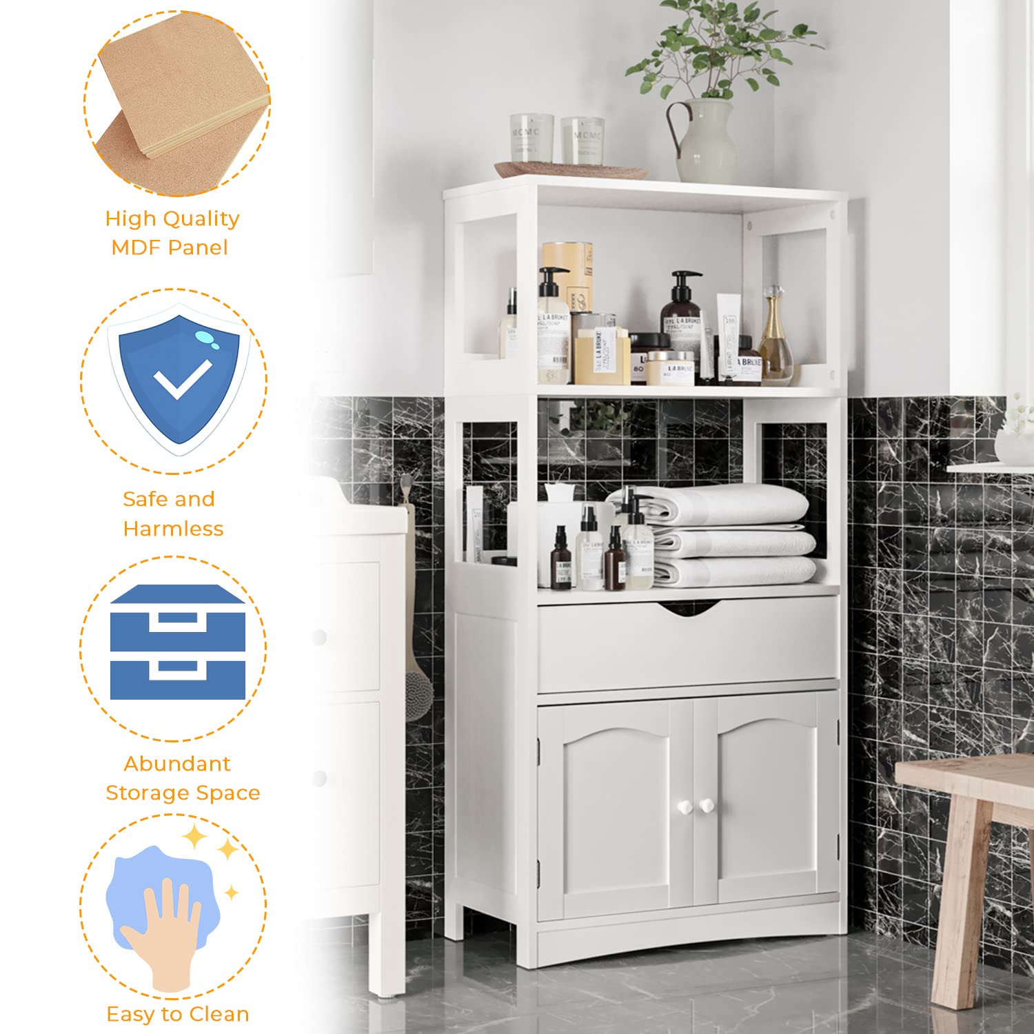 White Sideboard Storage Cabinet with 2 Open Shelves, 1 Drawer & Cupboard - Kitchen Pantry Organizer with Microwave Space, Freestanding Floor Cabinet for Bathroom, Living Room & Bedroom - Perfect for Home Storage, Bookshelf & Display Unit