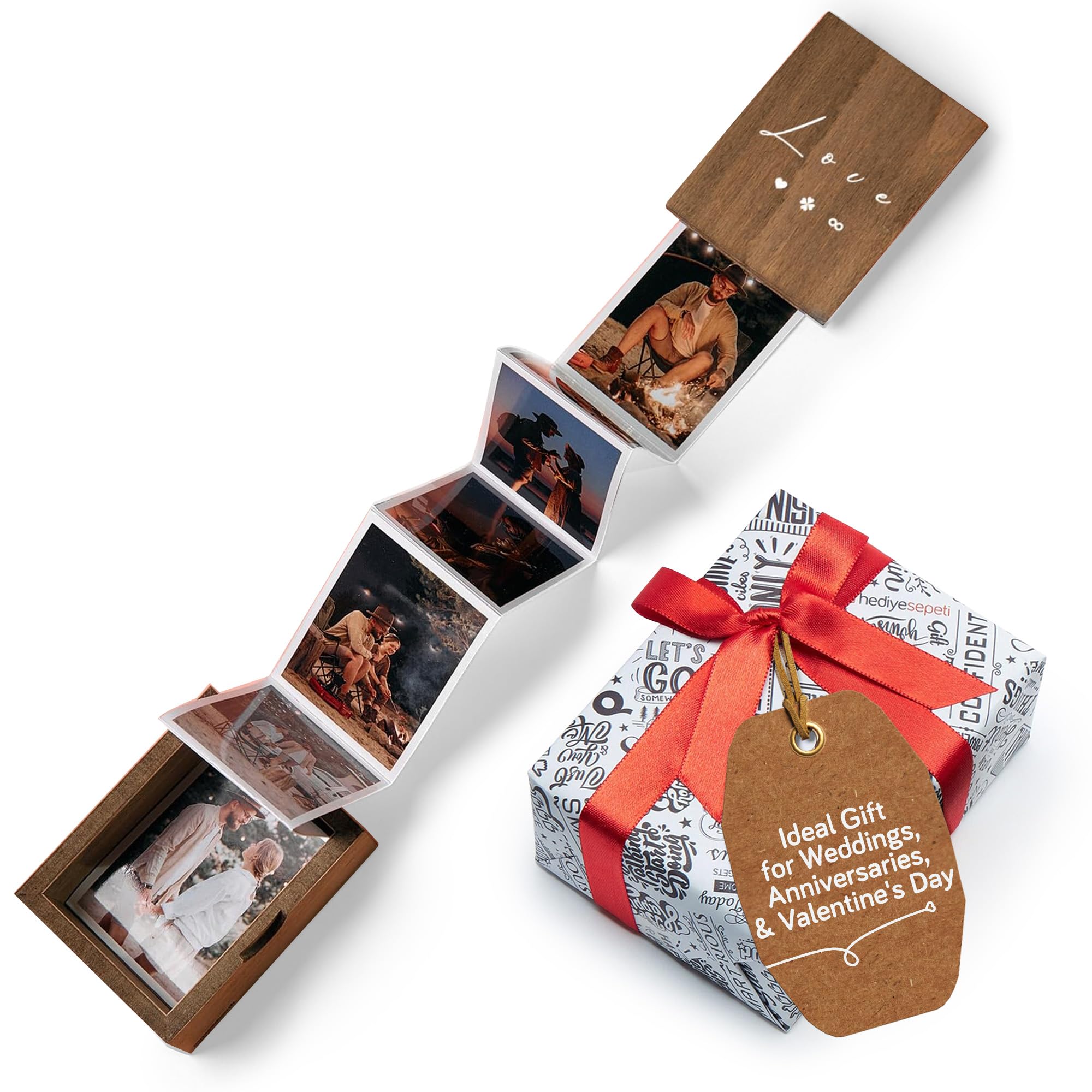 Personalized Wooden Photo Box Gift with Accordion Pull-Out - Custom Engraved Keepsake for Wedding, Anniversary, Couples - Holds 14 (3