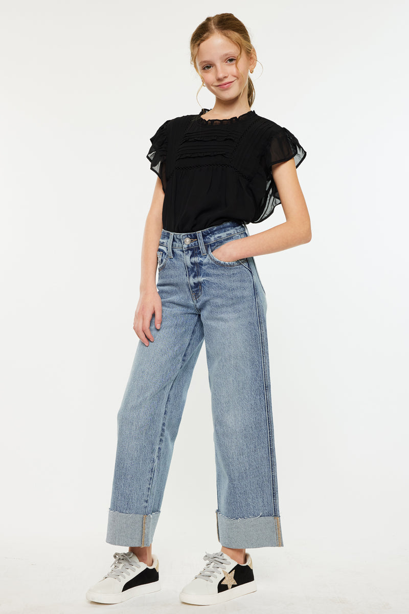 Danielle High Rise Kids Cropped Wide Leg Jeans - Trendy Stretch Denim Pants for Girls | Perfect for School, Playdates & Casual Outings