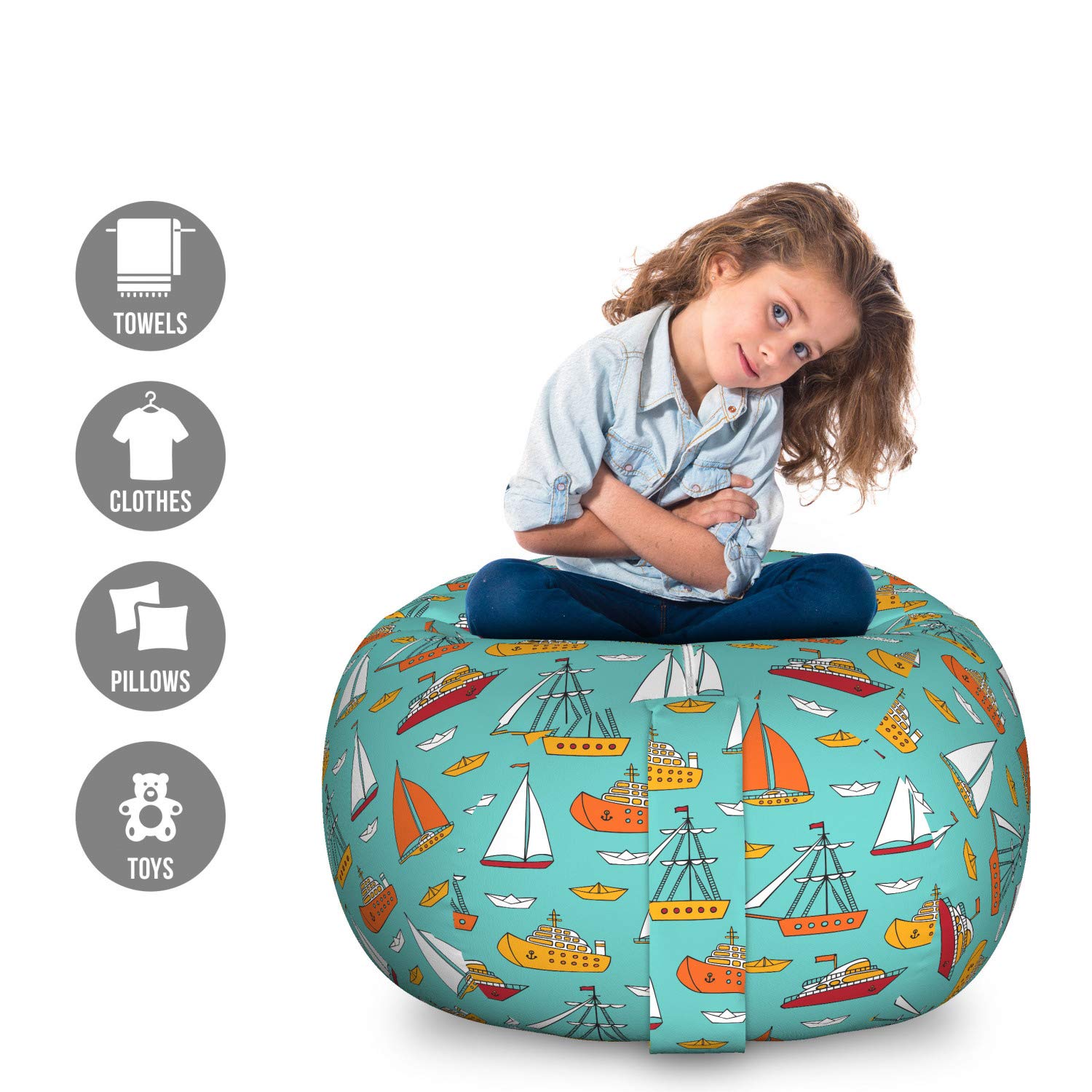 Ambesonne Nautical Toy Storage Bag Chair - Large Washable Stuffed Animal Organizer with Maritime Ships & Sailboats Design on Turquoise Background | Perfect for Kids' Room, Playroom & Nursery Organization