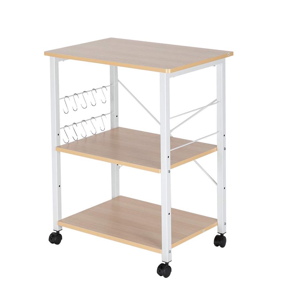 3-Tier Microwave Cart with 10 Hooks - Kitchen Bakers Rack, Oven Stand & Storage Shelf for Small Spaces (Khaki) - Perfect for Apartments, Dorms & Compact Kitchens