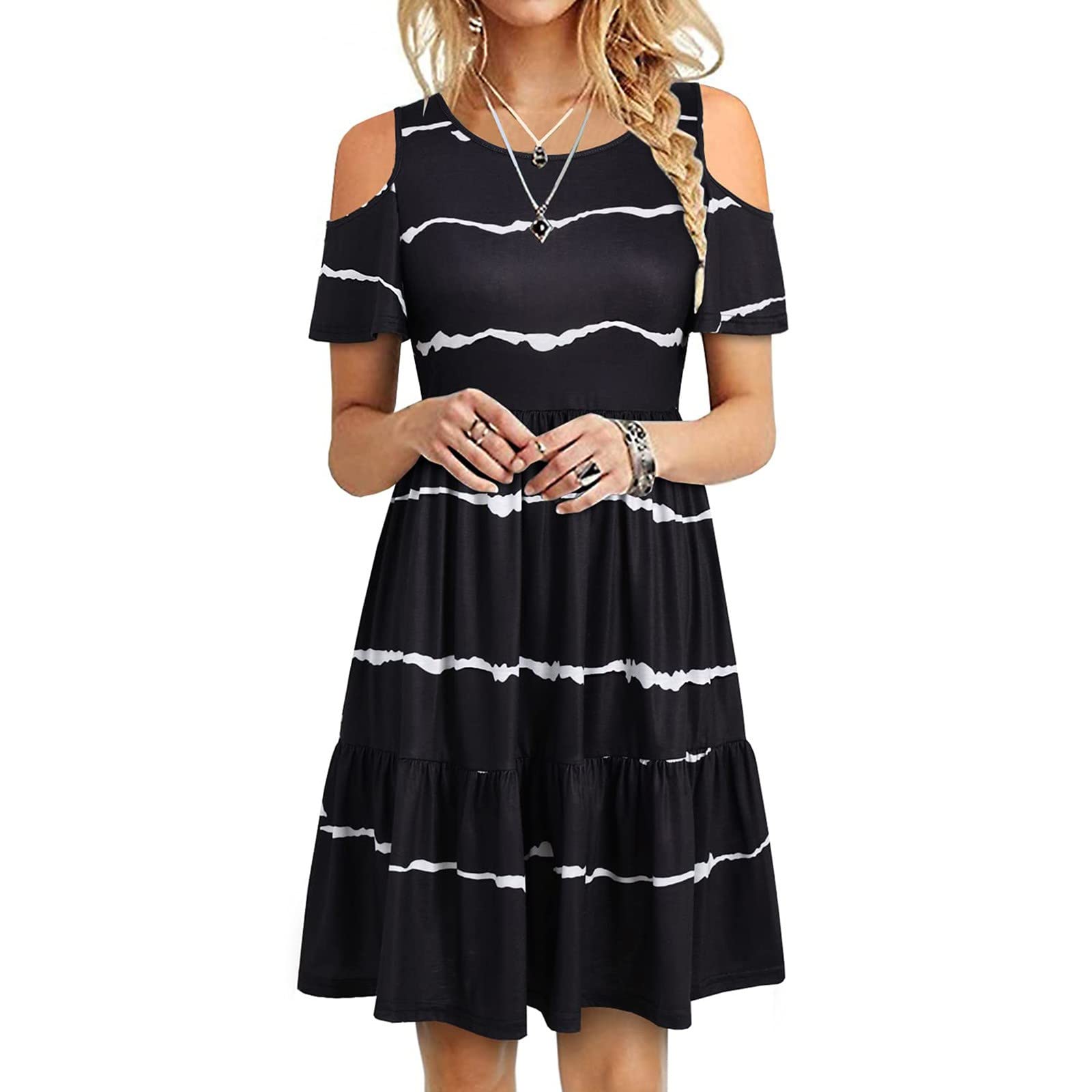 KUIOLYPOER Women's Summer Off Shoulder Smocked Ruffle Tiered Dress - Casual Short Sleeve Crew Neck Dress for Beach, Date Night, Outdoor Parties | Perfect for Summer Outings, Weekend Wear & Boho Style | Great for Beach Vacations, Tropical Getaways, Picnics, Brunch and Wedding Guest Occasions | Ideal for Poolside Lounging, Resort Wear, Music Festivals and Romantic Dinners