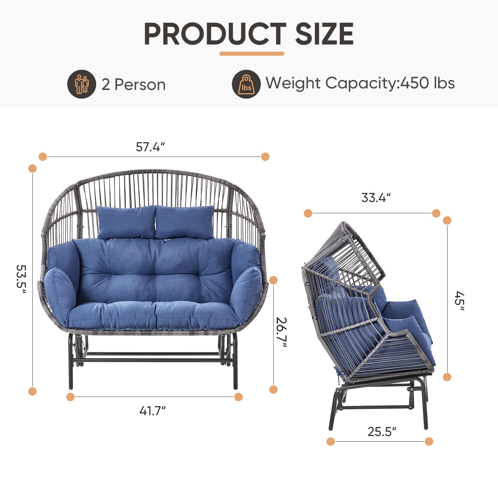 2-Person Wicker Egg Chair Outdoor Rocking Glider with Cushion & Pillow - Grey/Blue Rattan Patio Lounge Chair for Porch, Deck, Backyard, Garden - Perfect for Relaxing, Sunbathing & Outdoor Entertaining
