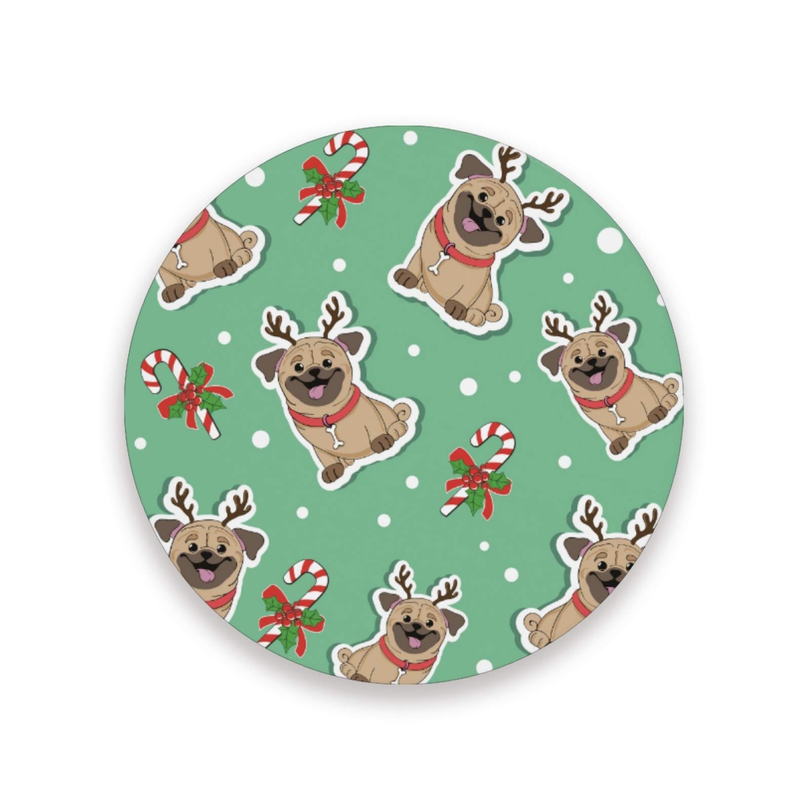 Set of 4 Round Ceramic Coasters with Funny Pug Dog in Christmas Deer Horns Design - 3.9 Inch Absorbent Cup Holders for Car, Office & Home Decor - Perfect Holiday Gift for Dog Lovers