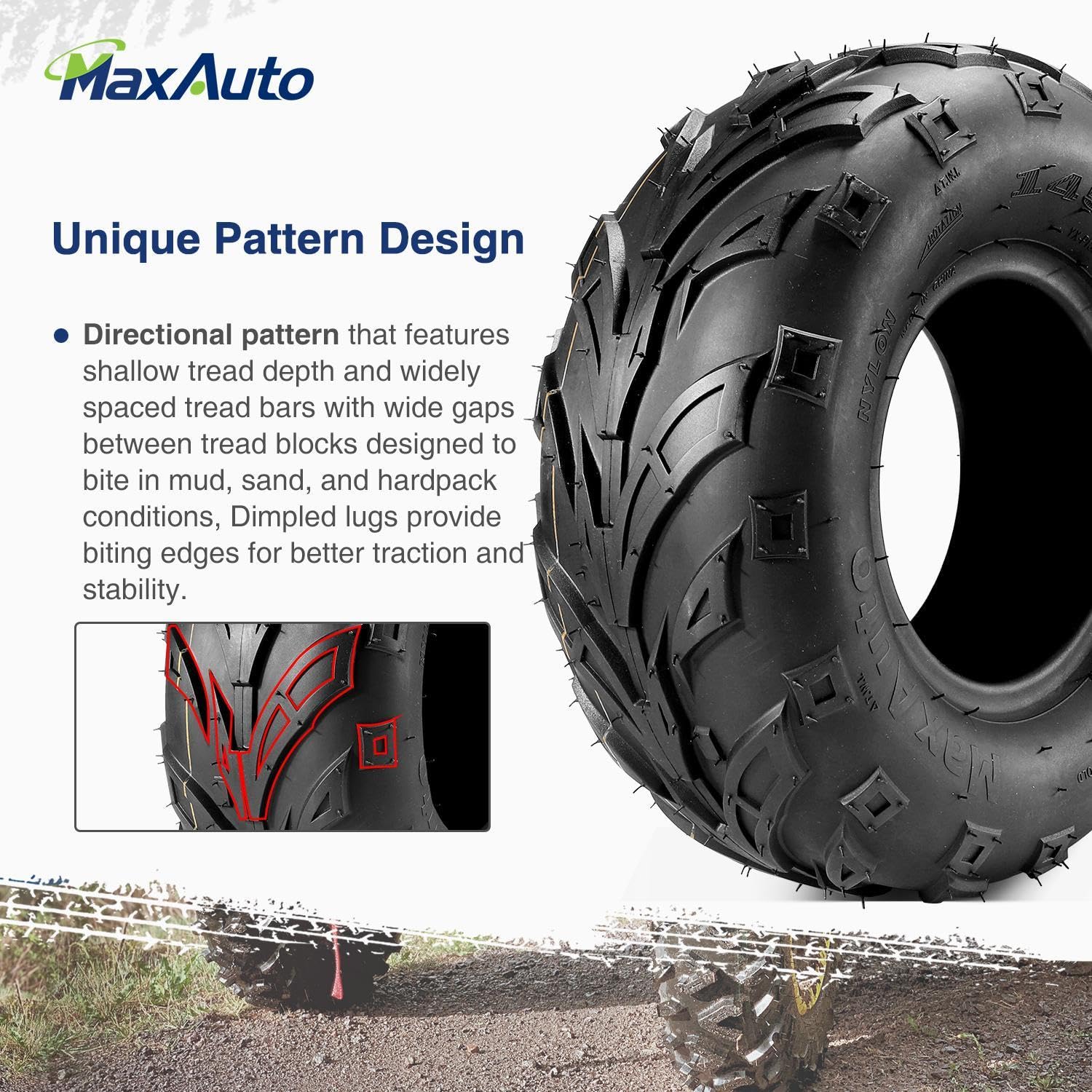 MaxAuto ATV Tires 145/70-6 & 16x8.00-7 - Knobby Tubeless Mini Bike and Go-Kart Tires (Set of 4) - Perfect for Off-Road, Trail Riding, and All-Terrain Adventures