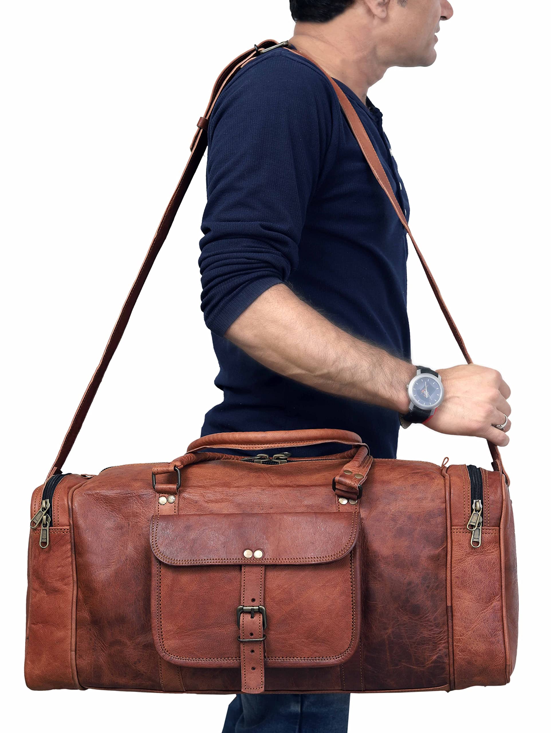 Premium Genuine Leather Duffel Bag for Men - Travel, Gym & Weekend Overnight Carry On - Brown Leather Sports Duffle Bag - Perfect for Business Trips, Workouts & Vacation Luggage