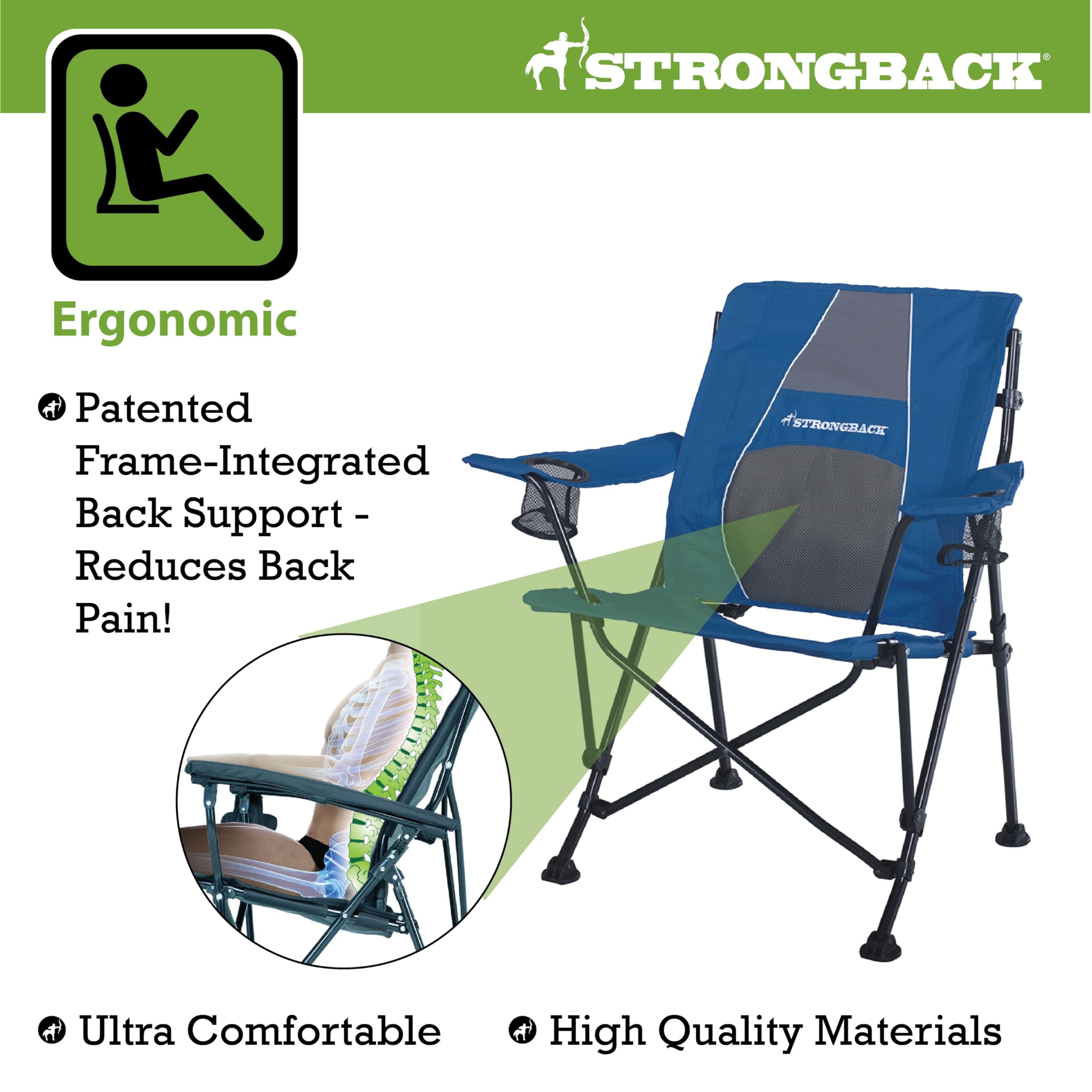 STRONGBACK Heavy Duty Camping Chair with Lumbar Support - Portable Folding Backpack Chair for Outdoor Adventures - Perfect for Camping, Hiking, Beach & Backyard Use - Navy Blue