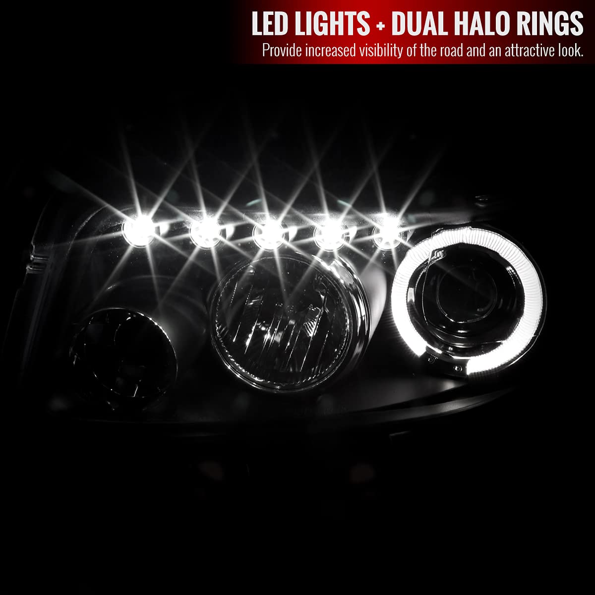 2008-2010 LED Halo Black Projector Headlights - High Performance Driving Lamps Pair for Night Visibility & Style Upgrade | Perfect for Jeep Wrangler, Dodge Ram & Off-Road Vehicles