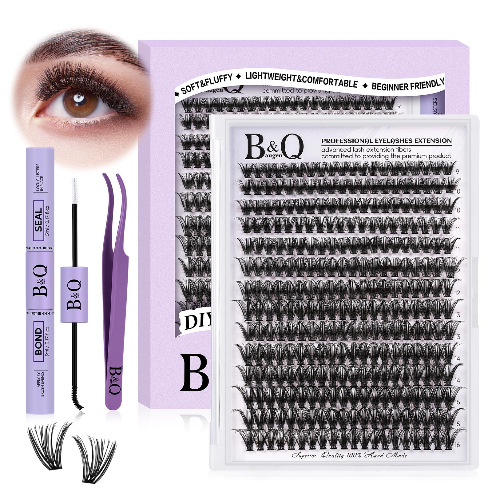 B&Qaugen DIY Lash Extension Kit - 280pcs Individual Lashes Cluster D Curl Eyelash Clusters with Bond & Seal Applicator Tool for Self Application (KIT,40D-D-9-16MIX) | Natural Looking Lashes for Daily Wear, Special Occasions & Professional Use