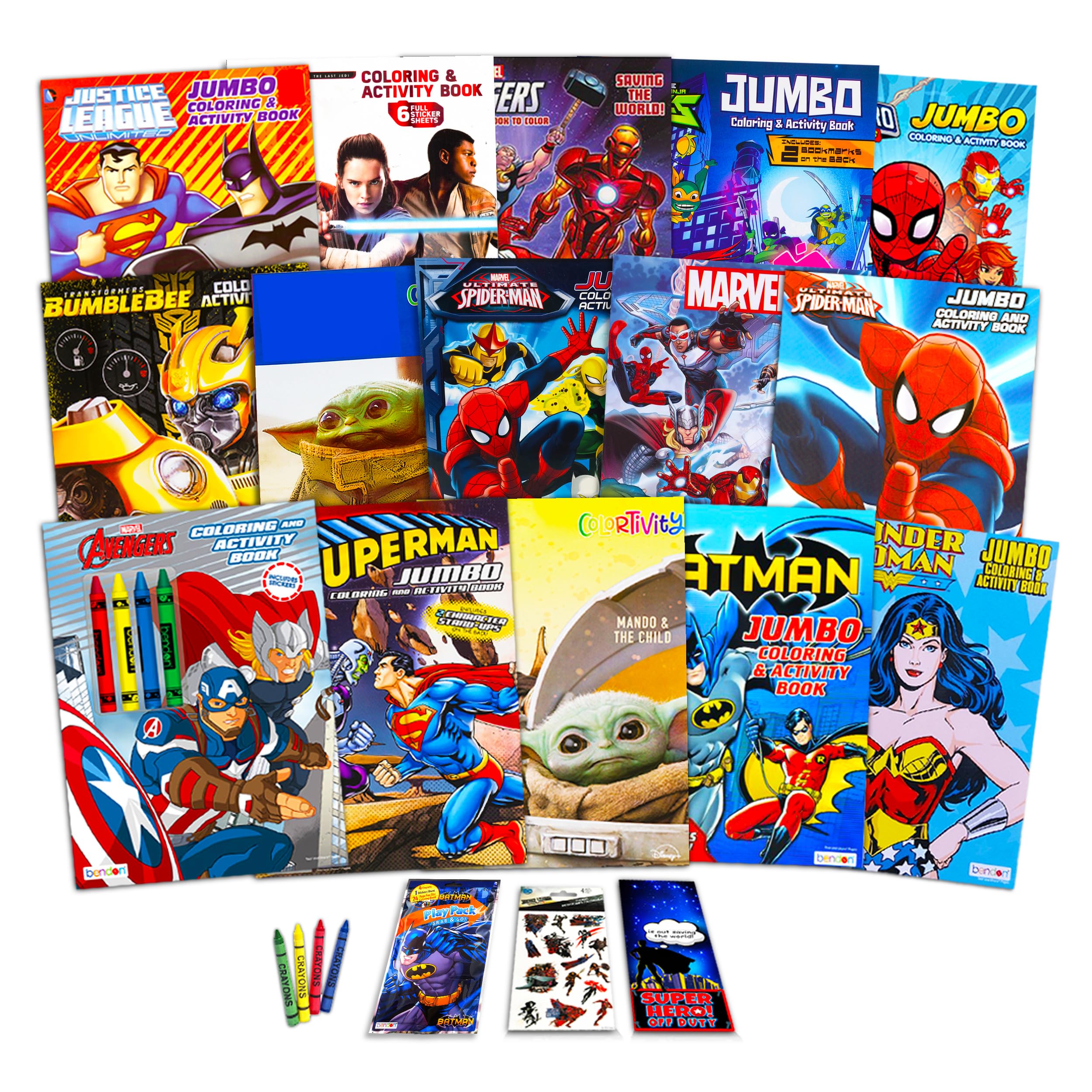 Superhero Coloring Books for Kids Ages 4-8 - 15-Pack with Avengers, Spiderman, Justice League, Superman, Star Wars Mandalorian | Includes Bonus Stickers | Perfect for Birthday Gifts, Party Favors & Creative Playtime
