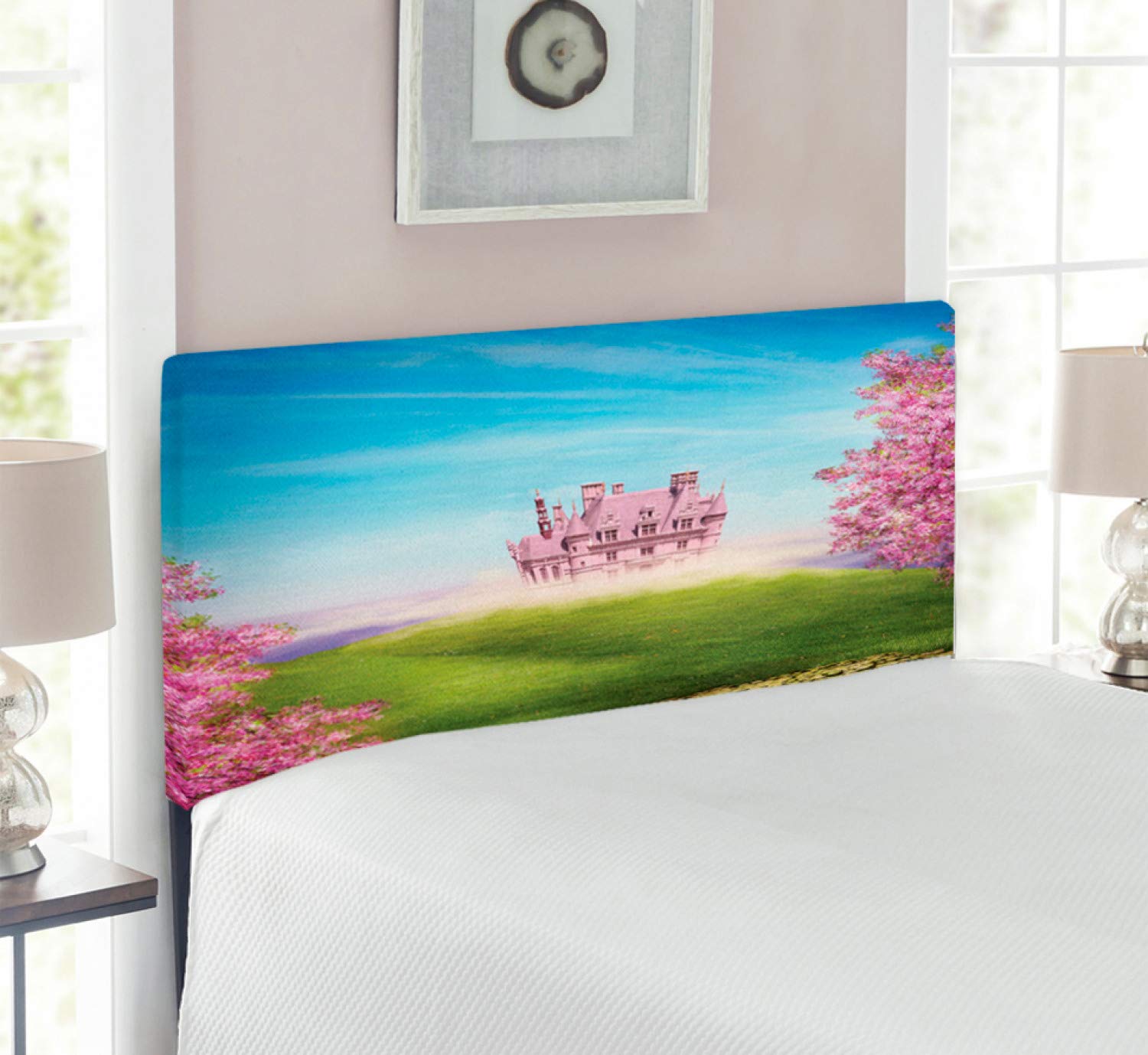 Ambesonne Twin Size Upholstered Metal Bed Headboard with Memory Foam - Cartoon Landscape Design with Cheerful Flowers and Greenland Nature, Green Pink Blue - Perfect for Kids' Bedrooms, Dorm Rooms & Cozy Home Decor