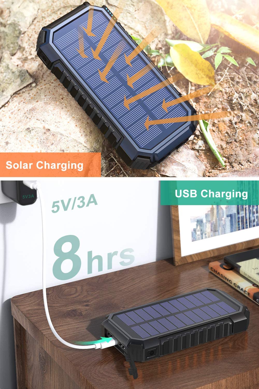 Hiluckey 26800mAh Solar Charger Power Bank with 4 Outputs & USB-C, Portable External Battery Pack with LED Flashlight for iPhone Android Smartphones Tablets - Perfect for Outdoor Camping Hiking Emergency Power Backup