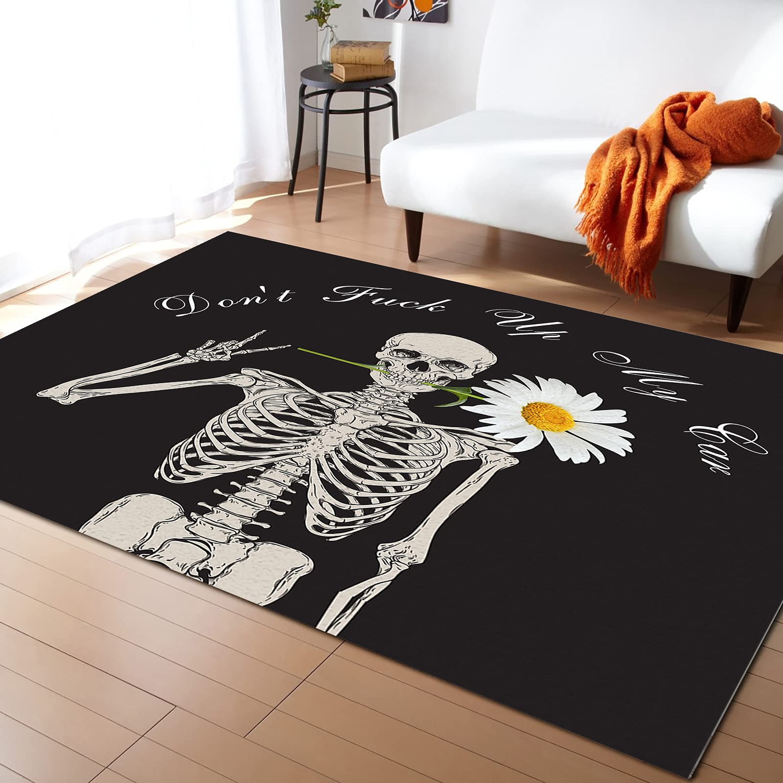 5x8ft Washable Non-Slip Indoor/Outdoor Accent Rug - Skull Skeleton Design Bath Mat for Bathroom, Bedroom, Kitchen & Front Door - Perfect for Home Decor, Dorm Room & Laundry Areas