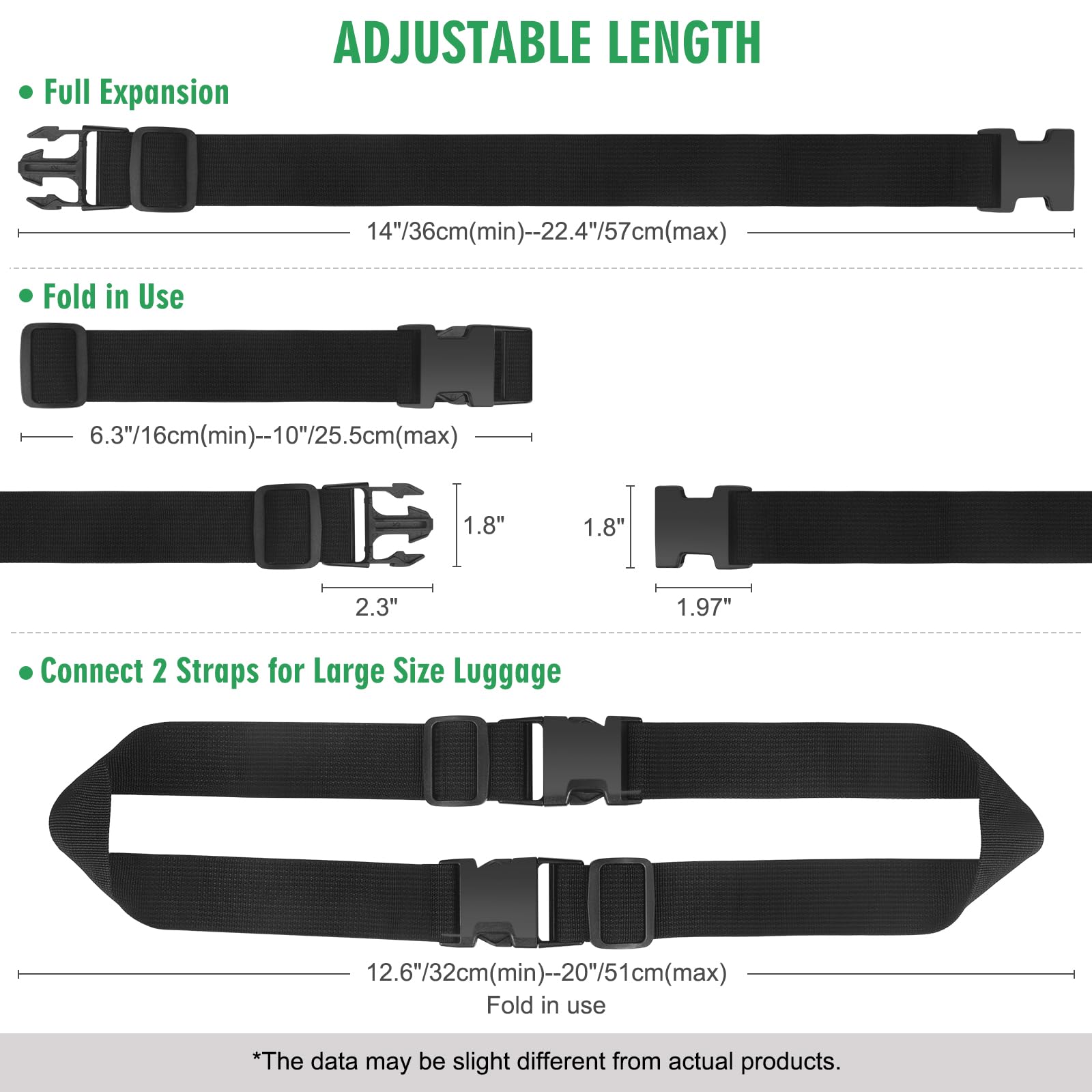 2PCS 22 Inch Adjustable Luggage Straps for Suitcases - Black | Secure Travel Accessories for Connecting Two Bags or Packages | Perfect for Airports, Train Travel & Family Vacations