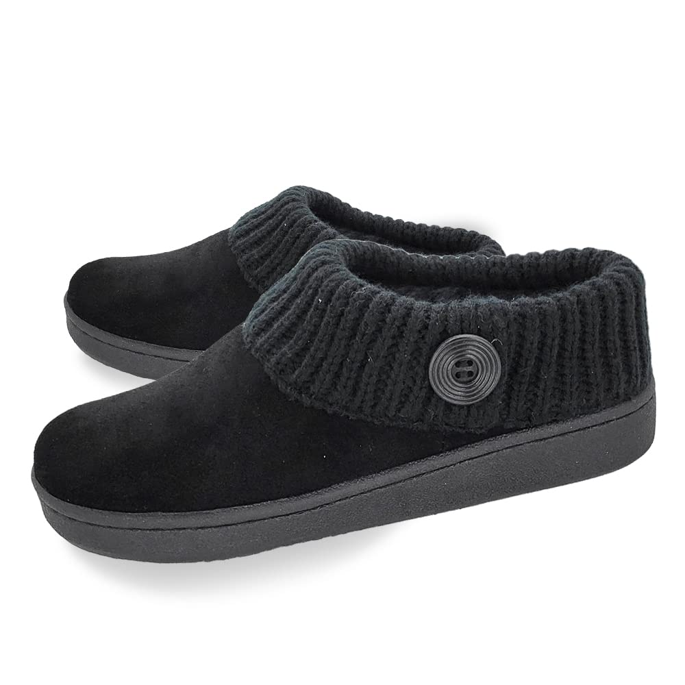 Clarks Women's Suede Leather Comfort Clog Knitted Collar Slippers with Plush Faux Fur Trim - Indoor & Outdoor House Shoes for Women - Black/Black Size 9M - Perfect for Home, Office, and Casual Wear