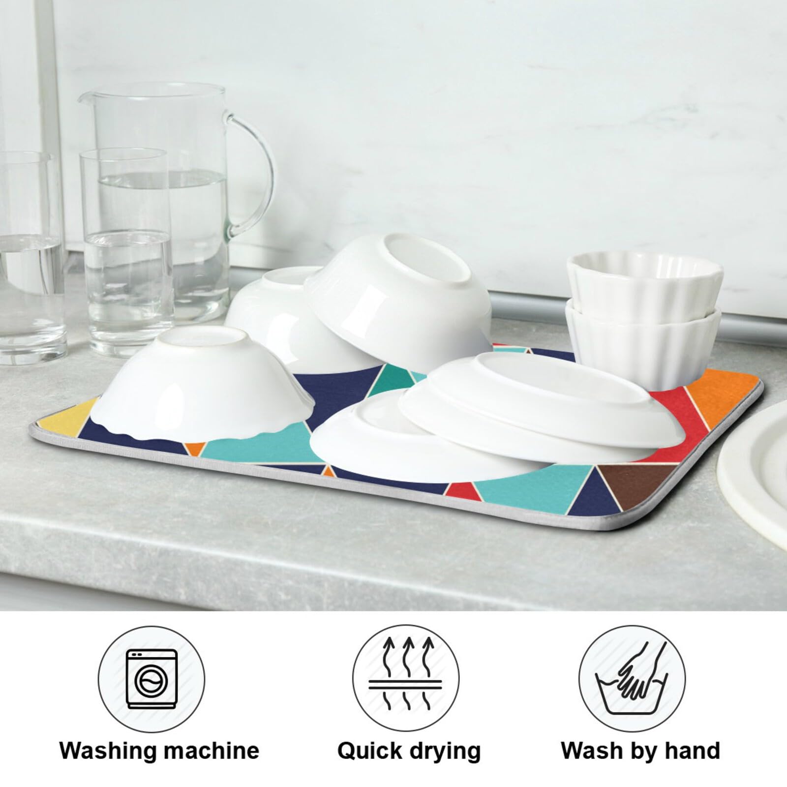 Colorful Geometric Dish Drying Mat - Absorbent Microfiber Kitchen Countertop Drying Pad (16x18 Inches) | Non-Slip, Washable Dish Rack Mat for Plates, Cups & Utensils | Perfect for Kitchen Counter, Sink Side & Dish Drainer Organization