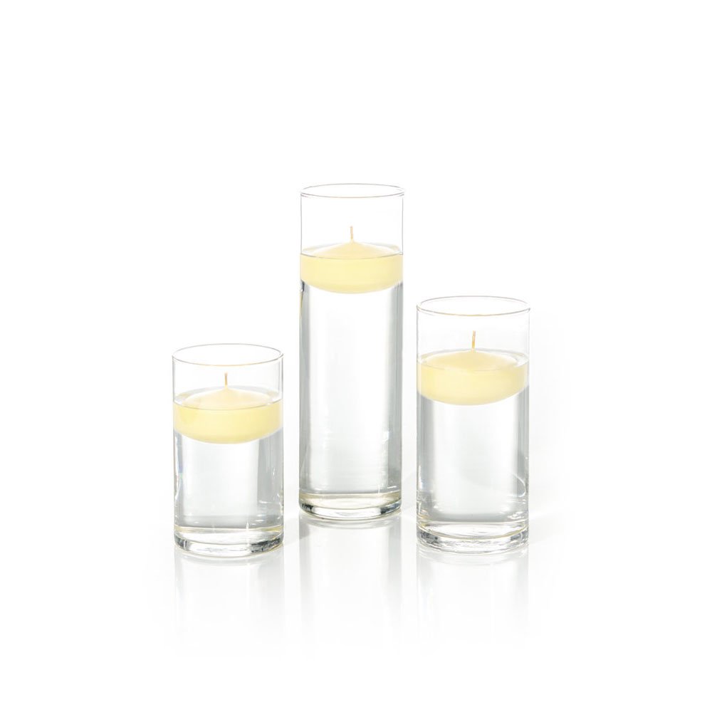 Yummi Set of 18 Floating Candles and Cylinder Vases - Buttercup Yellow | Elegant Wedding Centerpieces & Romantic Bath Decor