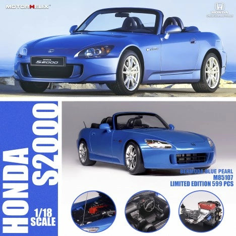 MotorHelix 1/18 Scale Diecast Honda S2000 AP2 Model Car - Bermuda Blue - Collectible Sports Car for Display & Racing Enthusiasts | Perfect for Home Office Decor, Car Shows & Gift Giving