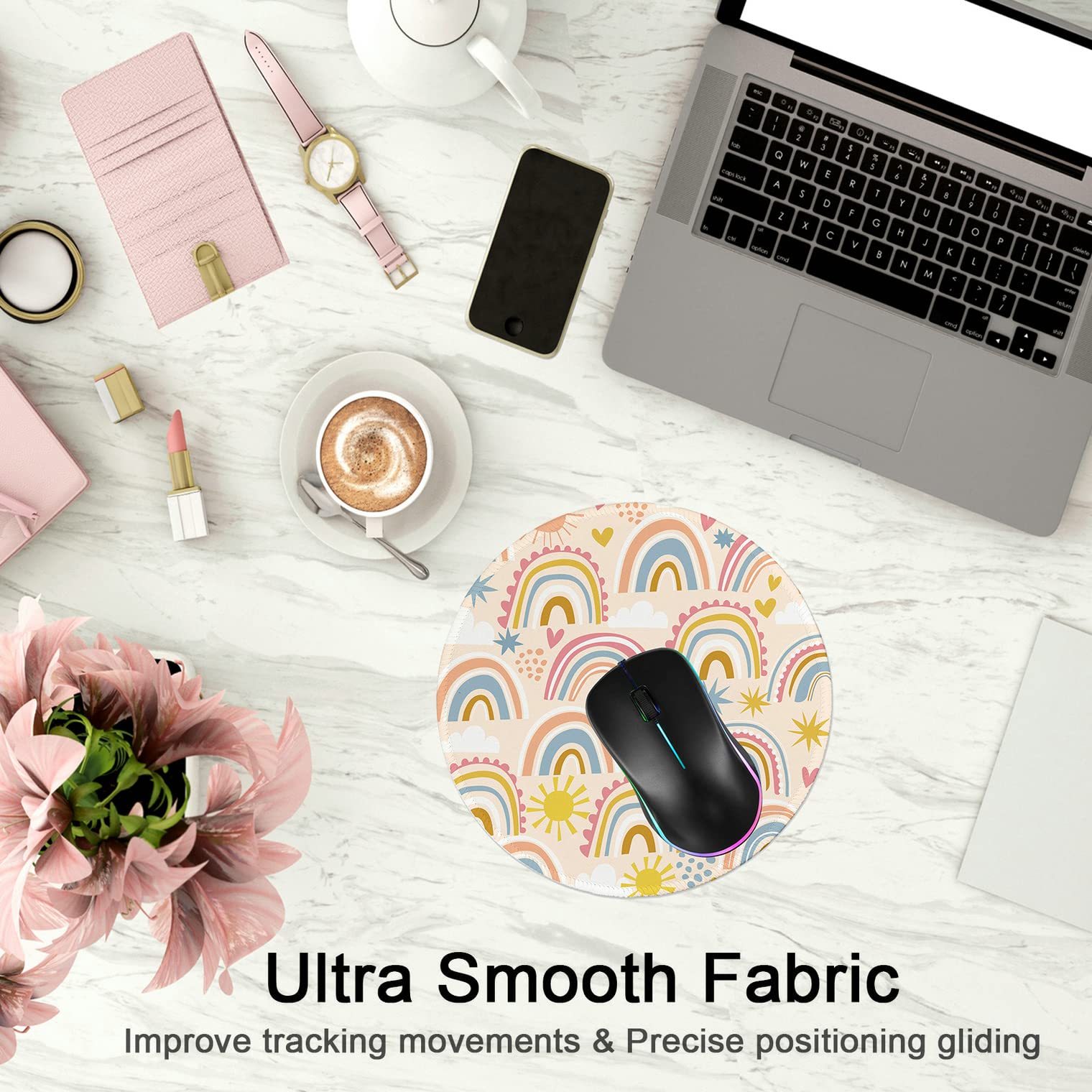 Premium Round Gaming Mouse Pad - Non-Slip Rubber Base with Stitched Edge (7.9 x 7.9 Inch) for Laptop & PC - Rainbow Adorable Design - Perfect for Office Work, Gaming & Home Use
