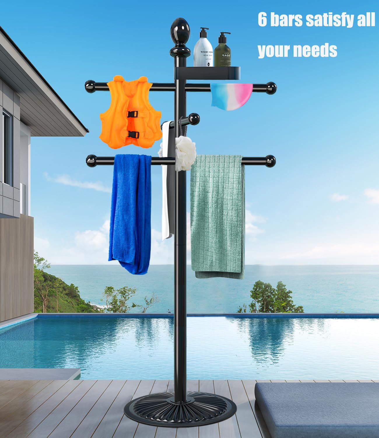 Heavy Duty Metal Pool Towel Rack with 6 Bars - Rustproof Outdoor Towel Stand for Swimming Pool, Hot Tub & Spa Accessories - Perfect for Drying Towels by Poolside, Backyard or Patio