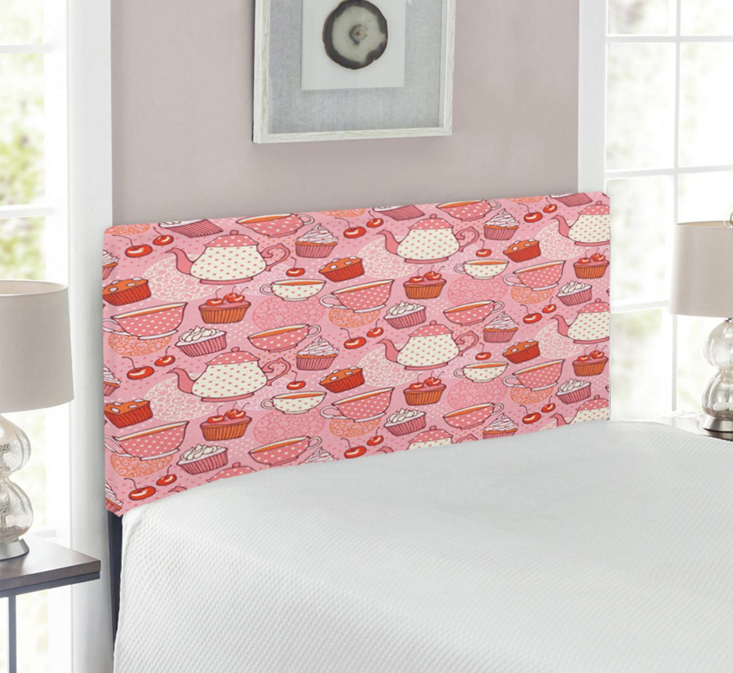 Ambesonne Cartoon Headboard - Teapots & Cups with Polka Dots, Cherries & Cakes Design - Upholstered Metal Bed Headboard with Memory Foam - Twin Size in Pink, Orange & Red - Perfect for Kids' Rooms & Themed Bedrooms