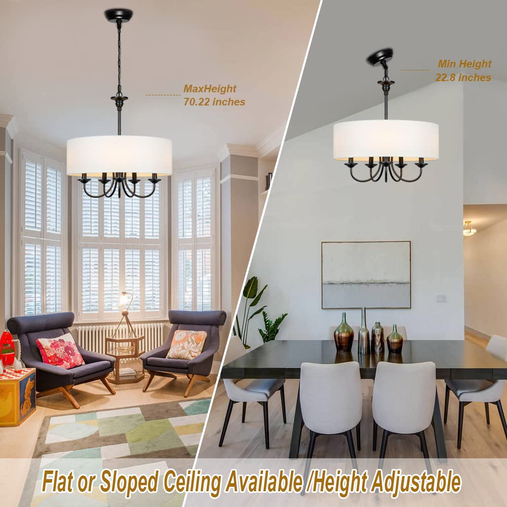 Modern White Drum Chandelier with Linen Shade - 5-Light Traditional Ceiling Fixture, 20