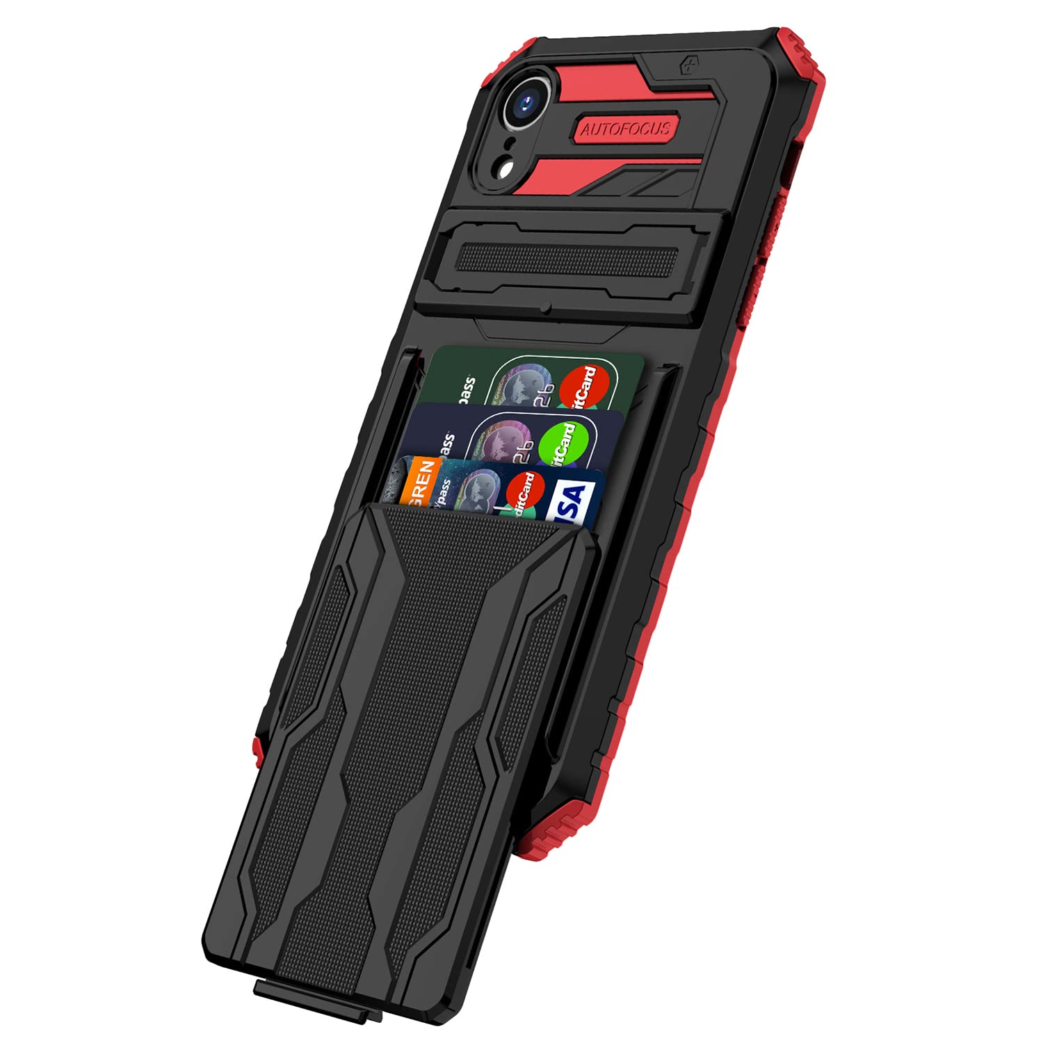 Military Grade Shockproof iPhone XR Wallet Case with Credit Card Holder & Kickstand - Slim Rugged Heavy Duty Defender Armor Protective Phone Cover (Red) - Perfect for Travel, Work & Everyday Use