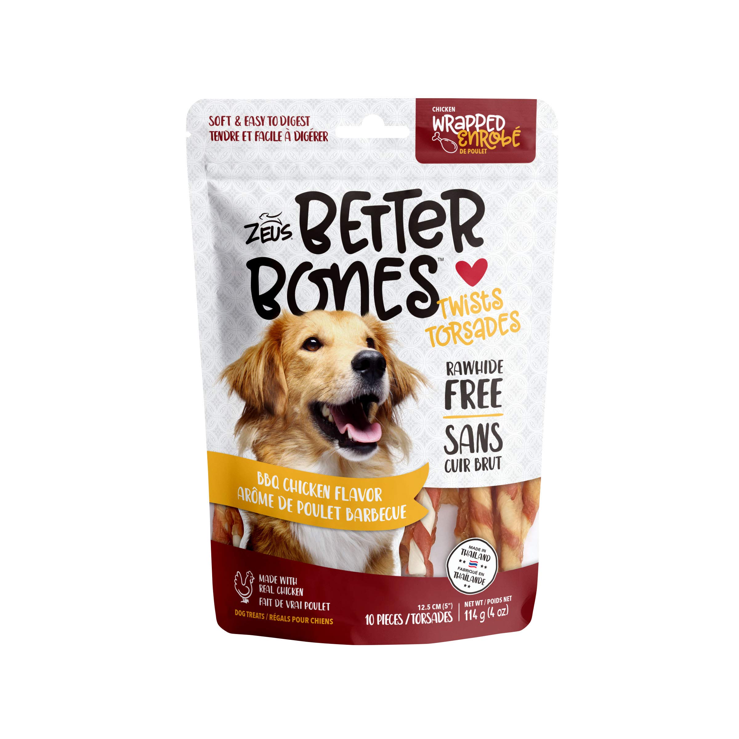 Zeus Better Bones BBQ Chicken Flavor Dog Treats - 10 Chicken-Wrapped Twists for Dogs - Crunchy Dental Chews for Medium & Large Breeds - Perfect for Training Rewards & Oral Health Care