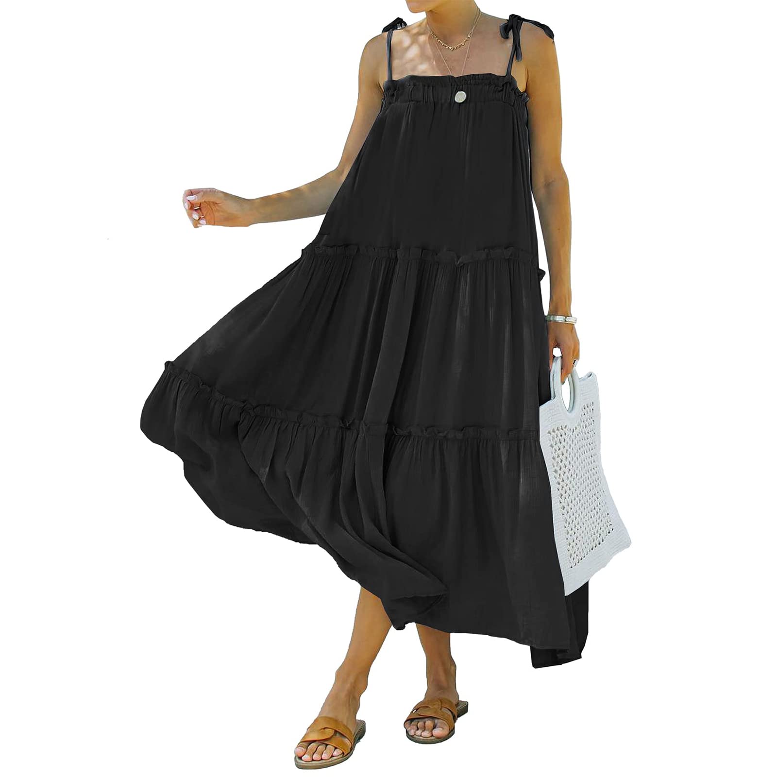 AIGUR Women's Casual Summer Dress with Layered Pleated Design & Adjustable Thin Straps - Perfect for Beach, Vacation, Outdoor Parties and Daily Wear