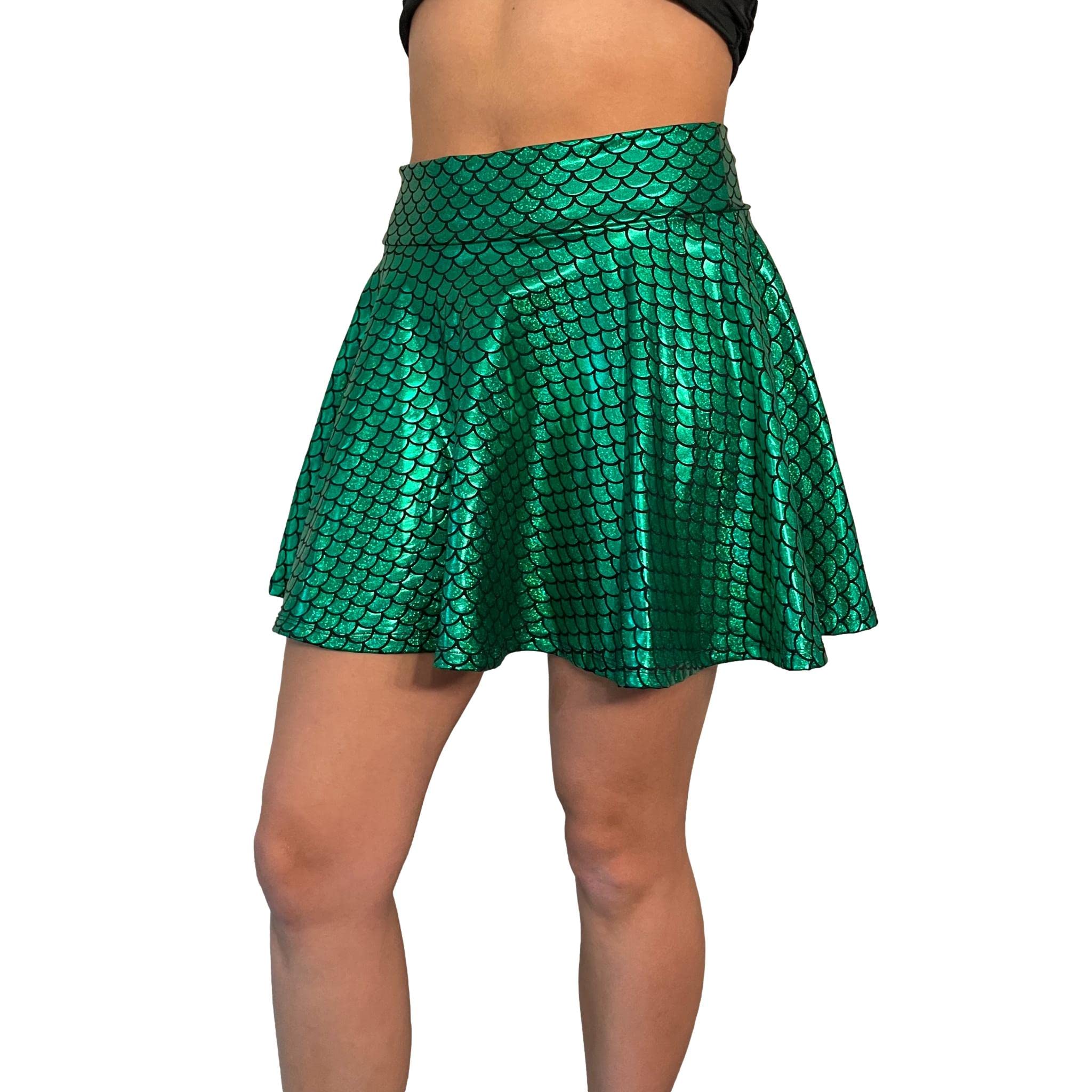 Green Mermaid Scales Sparkle Skater Skirt | Handmade in USA | Perfect for Cosplay, Dance Performances & Festival Outfits