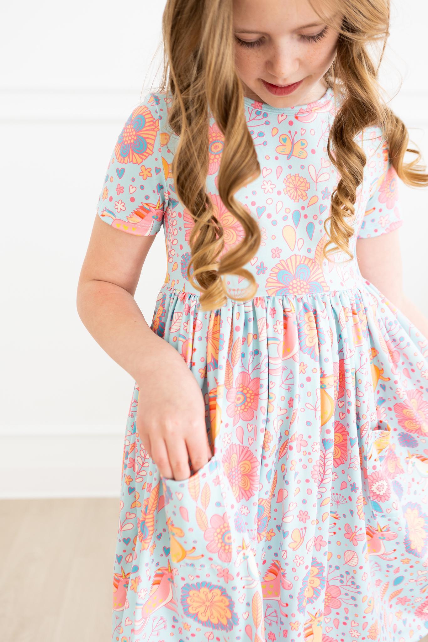 Blue Retro Unicorns Short Sleeve Pocket Twirl Dress for Girls - Perfect for Birthday Parties, Tea Time & Photo Shoots