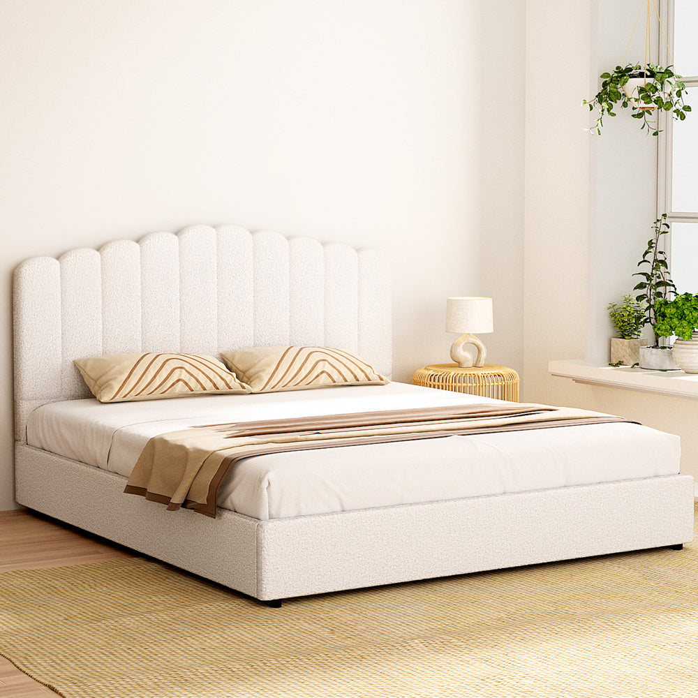 Fion King Boucle Upholstered Storage Bed with Drawers - Cream White | Modern Platform Bed Frame for Small Spaces | Perfect for Apartments, Dorms & Guest Rooms