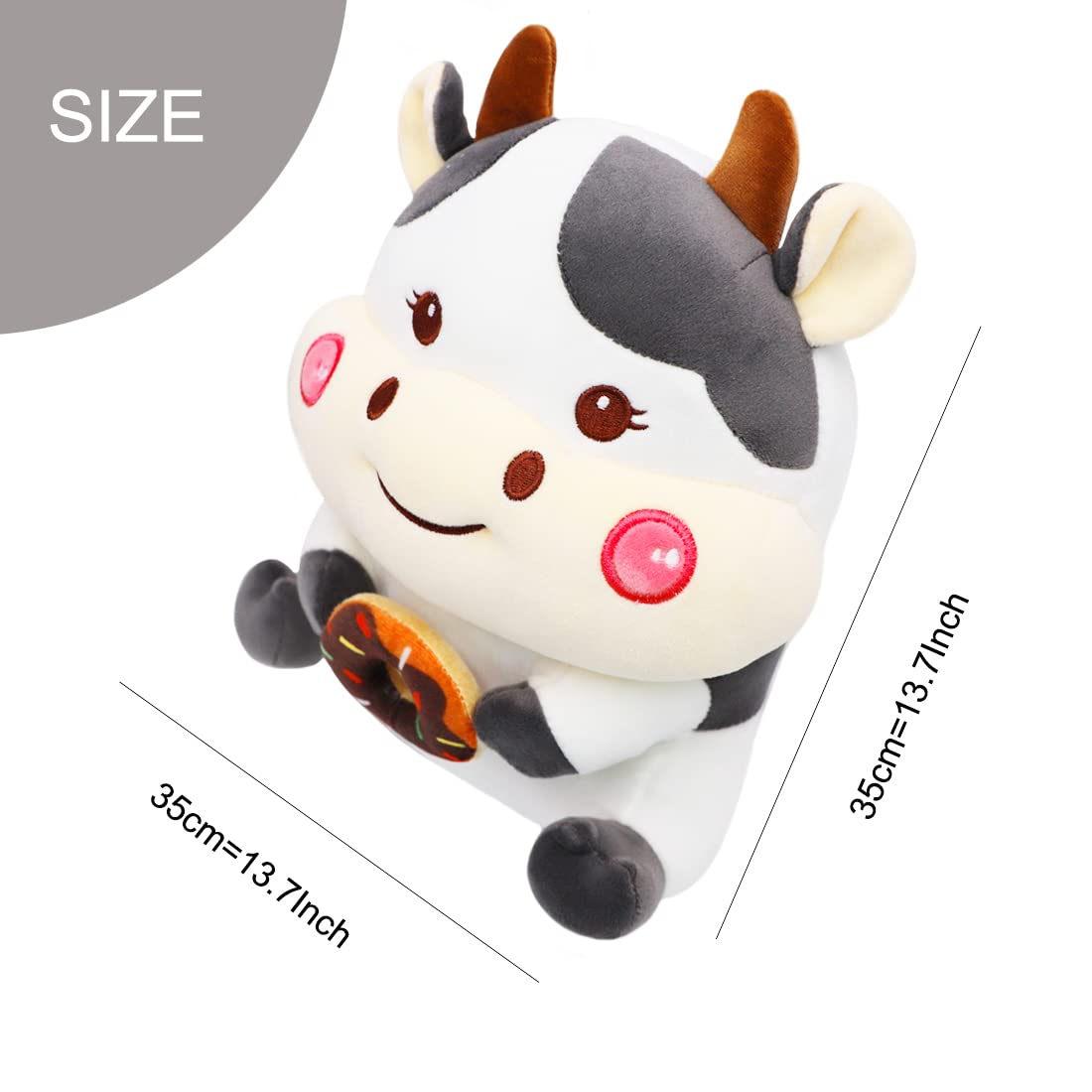 ELAINREN Donut Cow Plush Toy - Soft Cute Black & White Holstein Dairy Cow Stuffed Animal with Donut (11.8