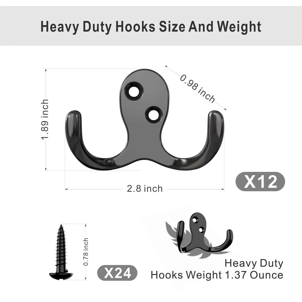 12 Pack Heavy Duty Double Coat Hooks with 24 Screws - Wall Mounted Hooks for Coats, Backpacks, Robes, Hats & Mugs - Perfect for Entryway, Closet, Bathroom & Garage Organization