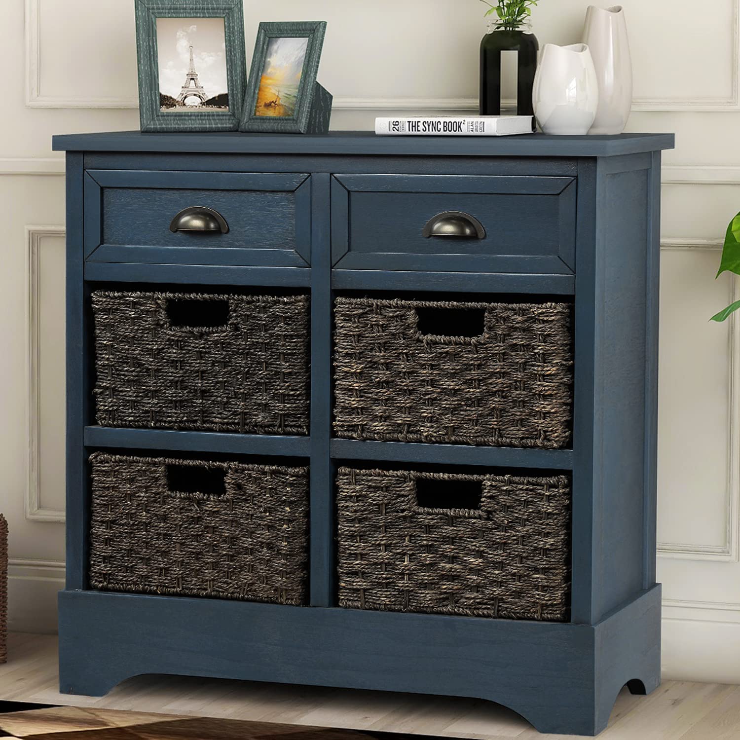 Vintage Wooden Storage Cabinet with 2 Drawers & 4 Woven Rattan Baskets - Organizer for Kitchen, Dining Room, Entryway, Bedroom & Home Decor | Perfect for Pantry Storage, Entryway Organization & Bedroom Closet