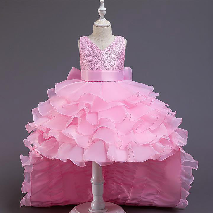 Elegant Princess Flower Girl Dress with Cascading Ruffles & Bow - Sweep Train for Weddings, Baptisms & Special Occasions